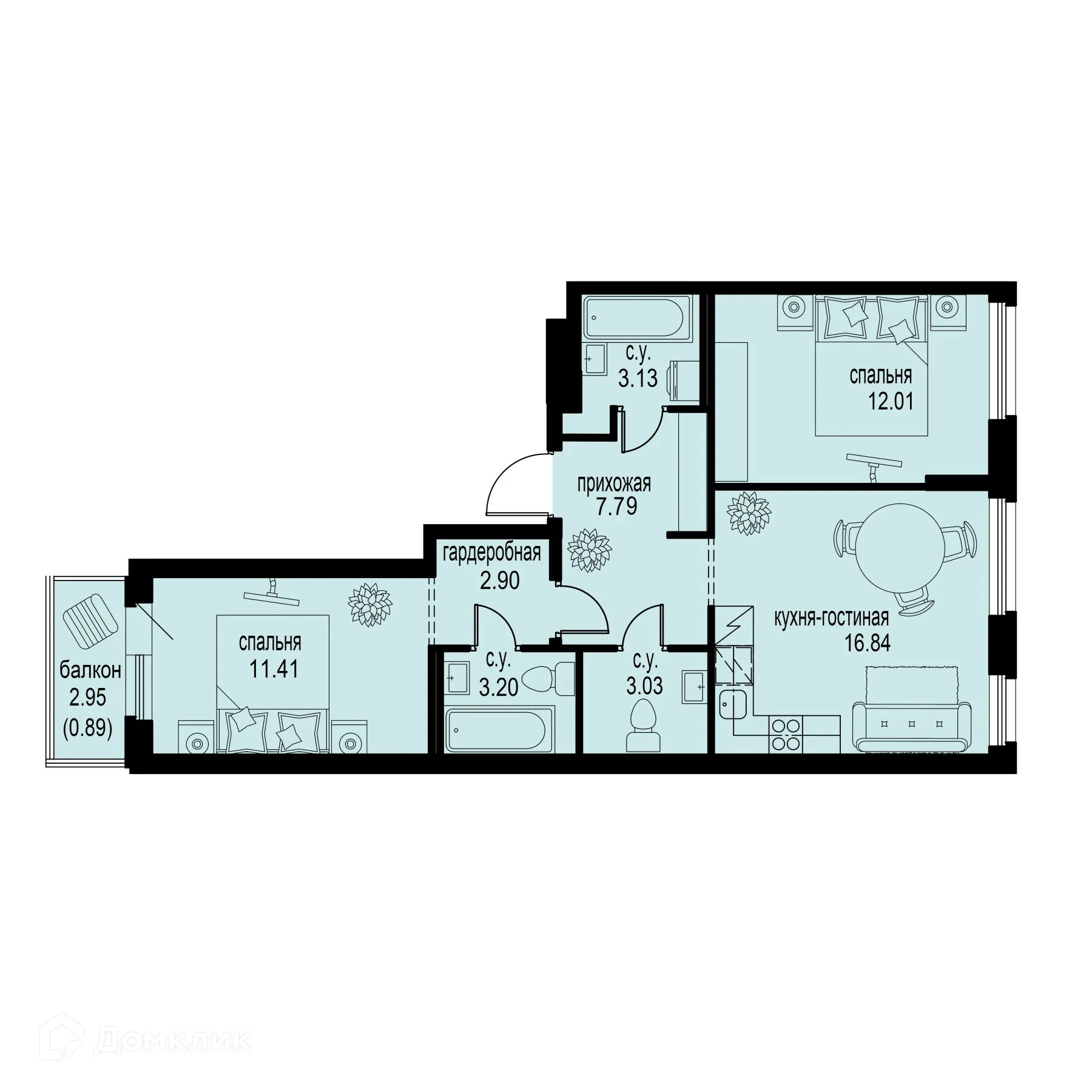 Планировка 2-комнатной квартиры 61.2 м² в ЖК ID Murino III (Ай ди Мурино III), г. Мурино — фото 1