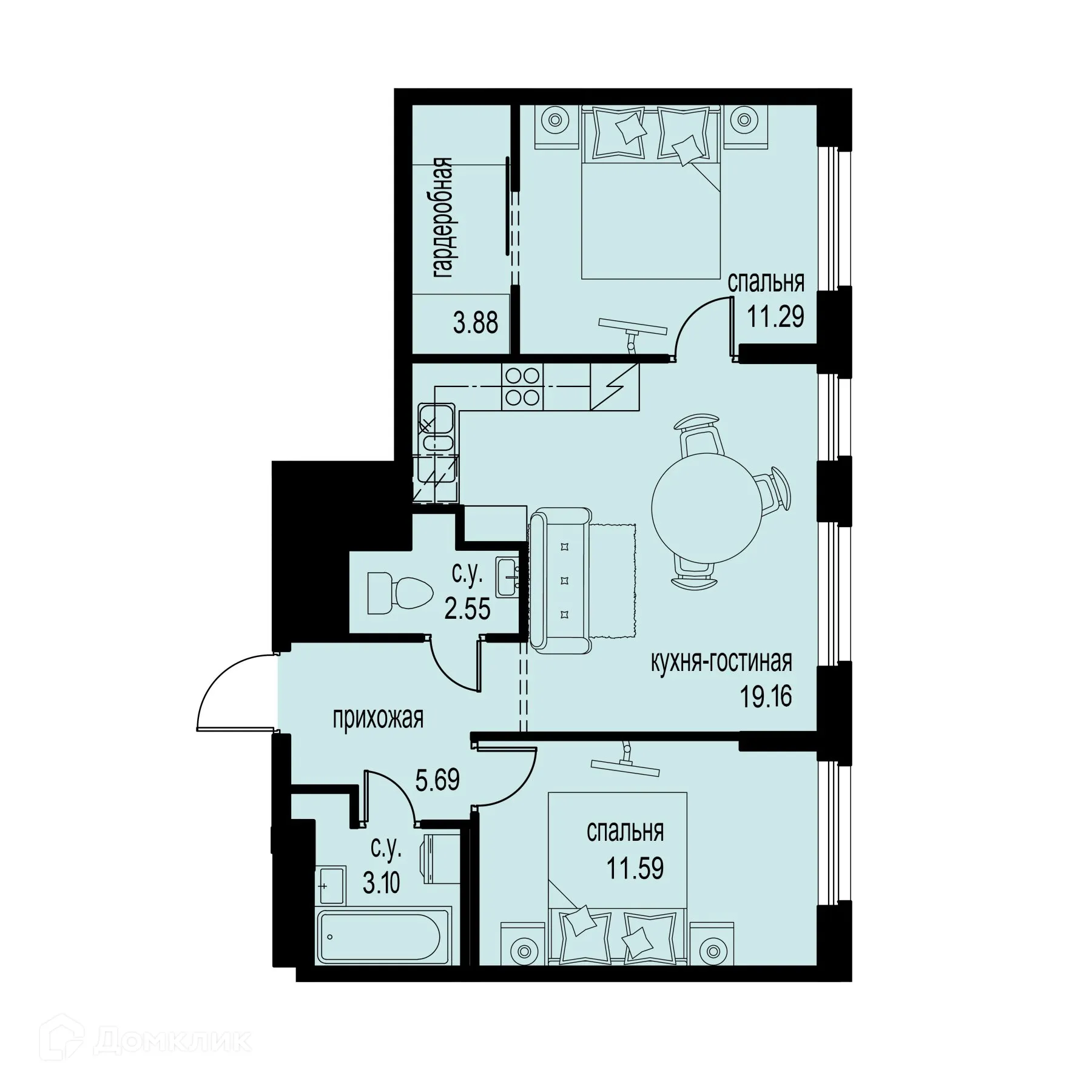 Планировка 2-комнатной квартиры 57.26 м² в ЖК ID Murino III (Ай ди Мурино III), г. Мурино — фото 1