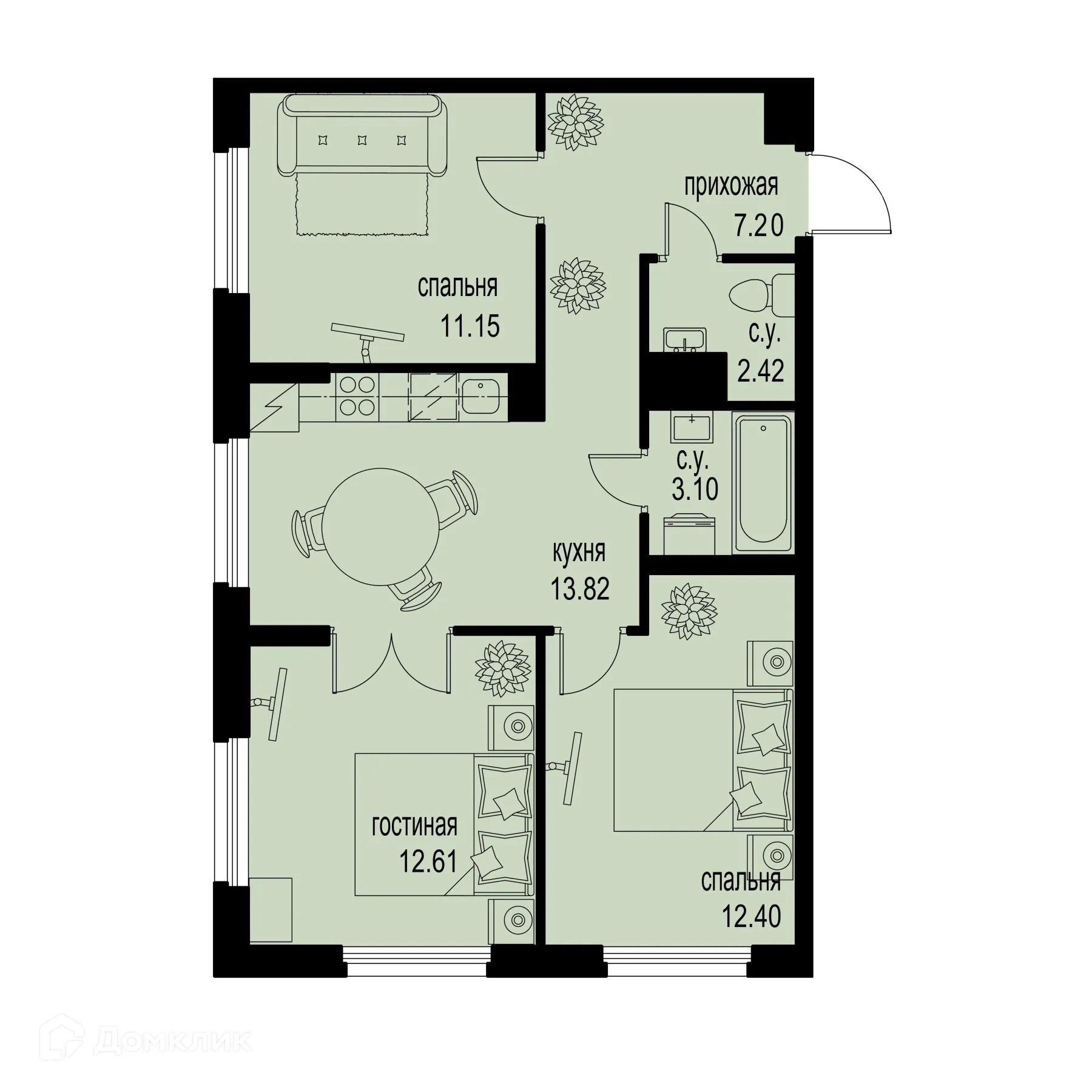 Планировка 3-комнатной квартиры 62.7 м² в ЖК ID Murino III (Ай ди Мурино III), г. Мурино — фото 1