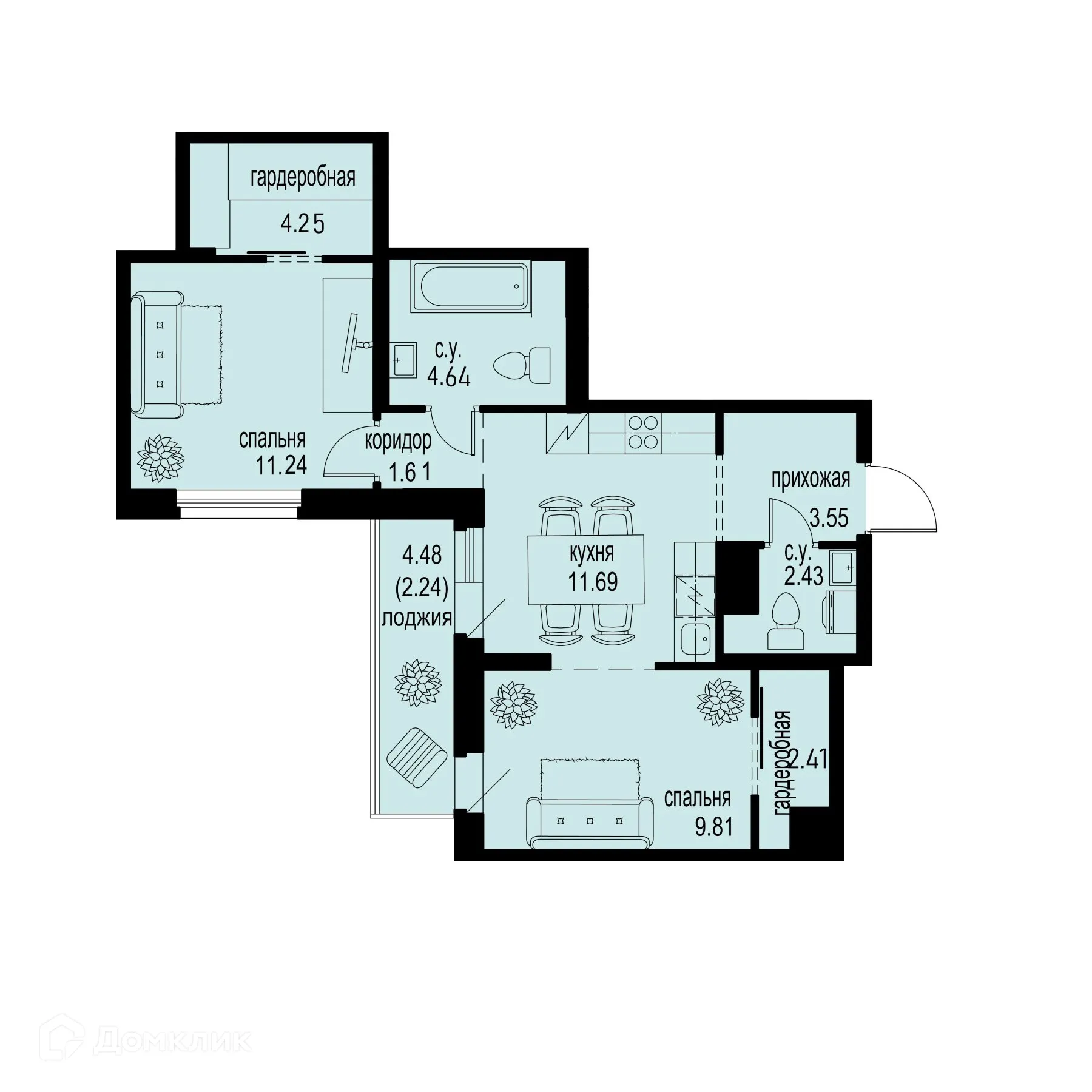 Планировка 2-комнатной квартиры 53.87 м² в ЖК ID Murino III (Ай ди Мурино III), г. Мурино — фото 1
