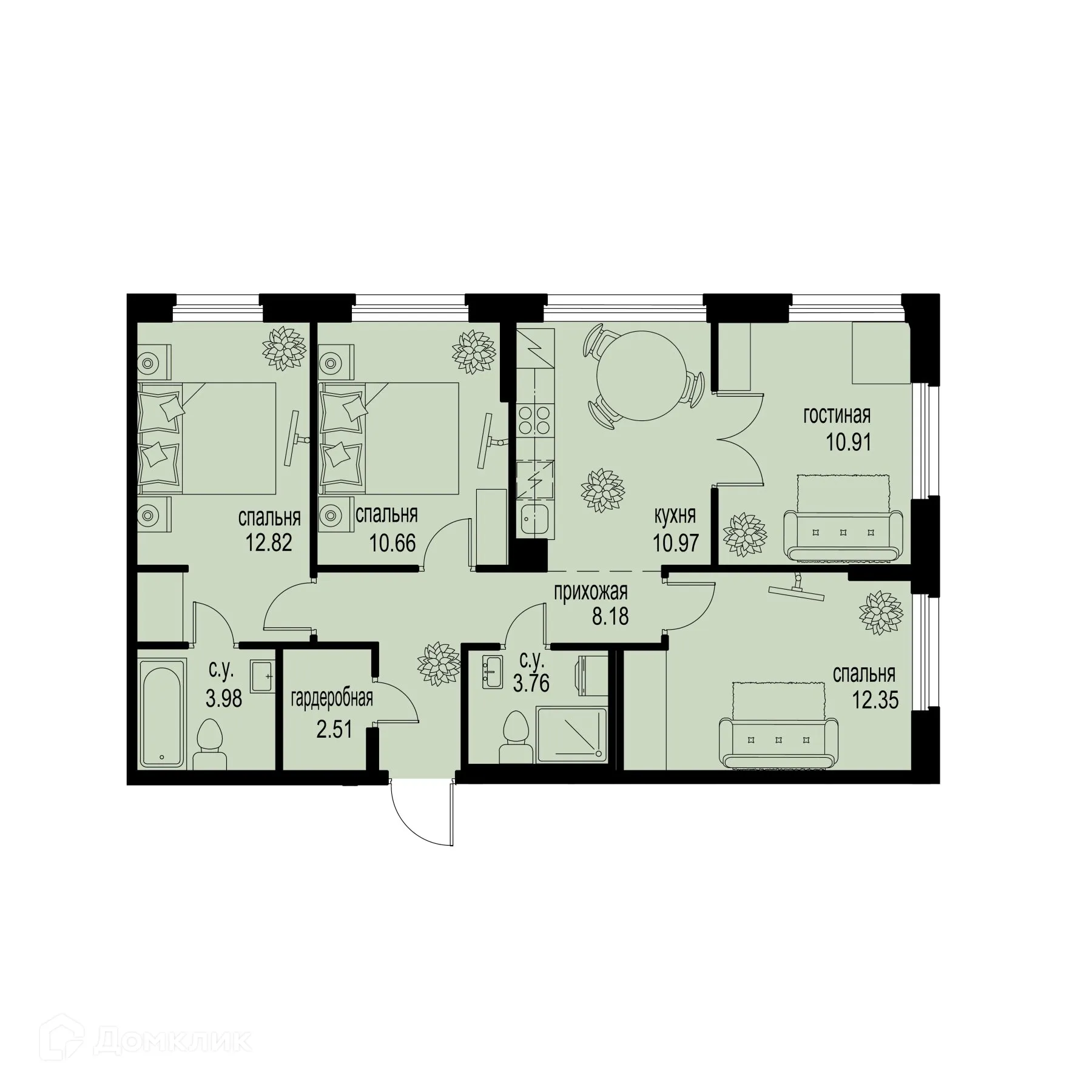 Планировка 4-комнатной квартиры 76.14 м² в ЖК ID Murino III (Ай ди Мурино III), г. Мурино — фото 1