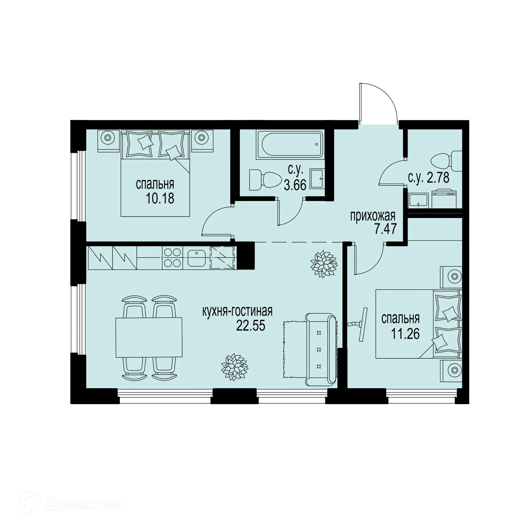 Планировка 2-комнатной квартиры 57.9 м² в ЖК ID Murino III (Ай ди Мурино III), г. Мурино — фото 1