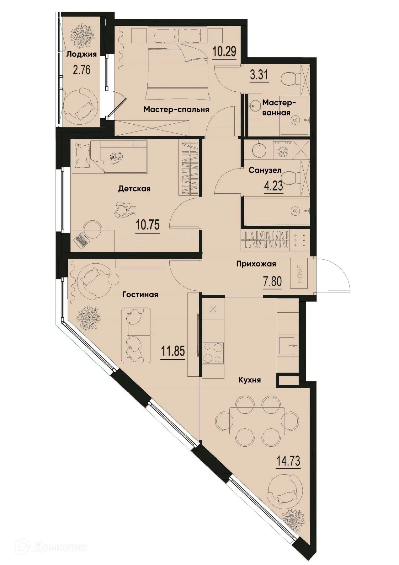 Планировка 3-комнатной квартиры 64.34 м² в ЖК ID Murino III (Ай ди Мурино III), г. Мурино — фото 1