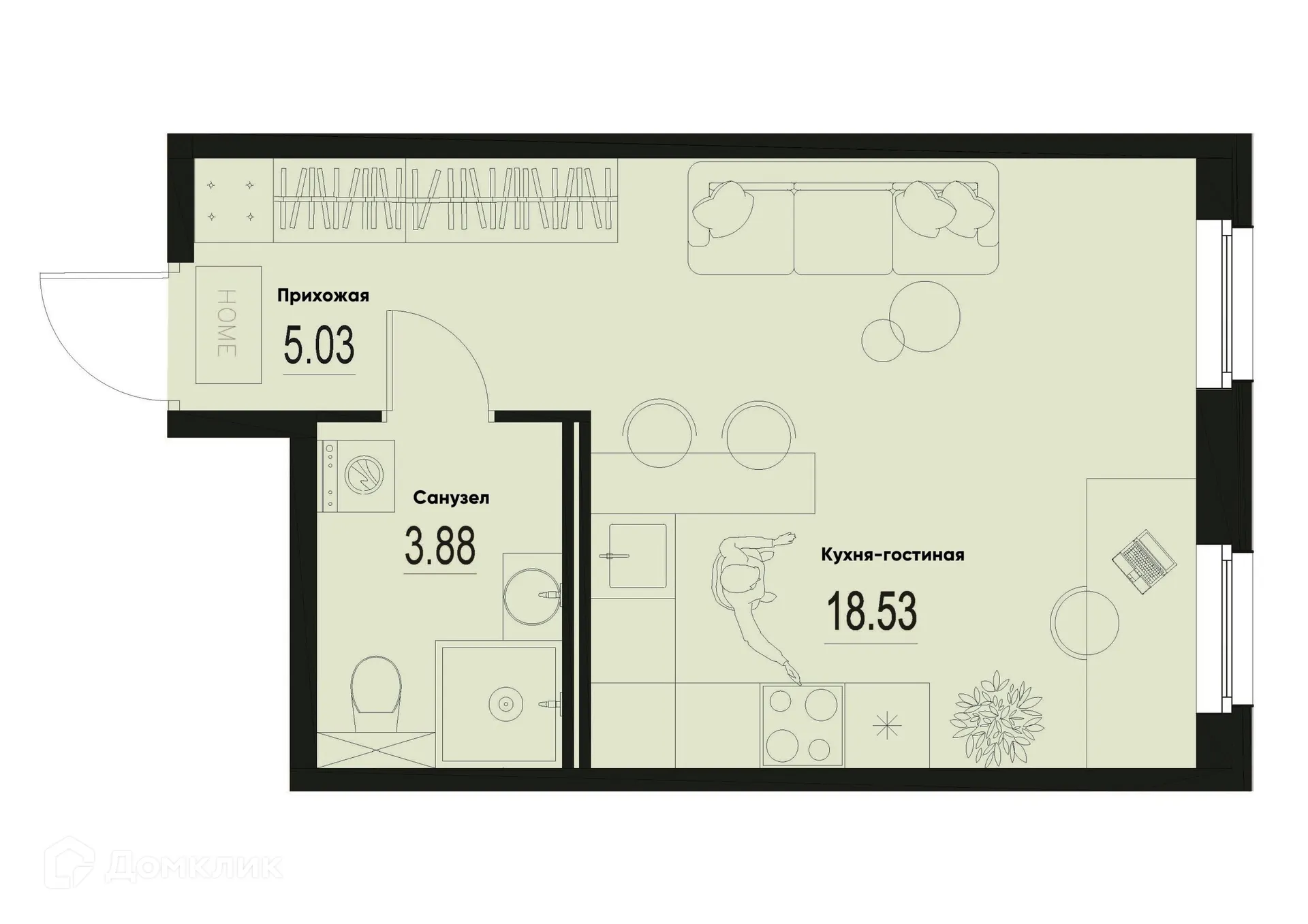 Планировка студии квартиры 27.44 м² в ЖК ID Murino III (Ай ди Мурино III), г. Мурино — фото 1