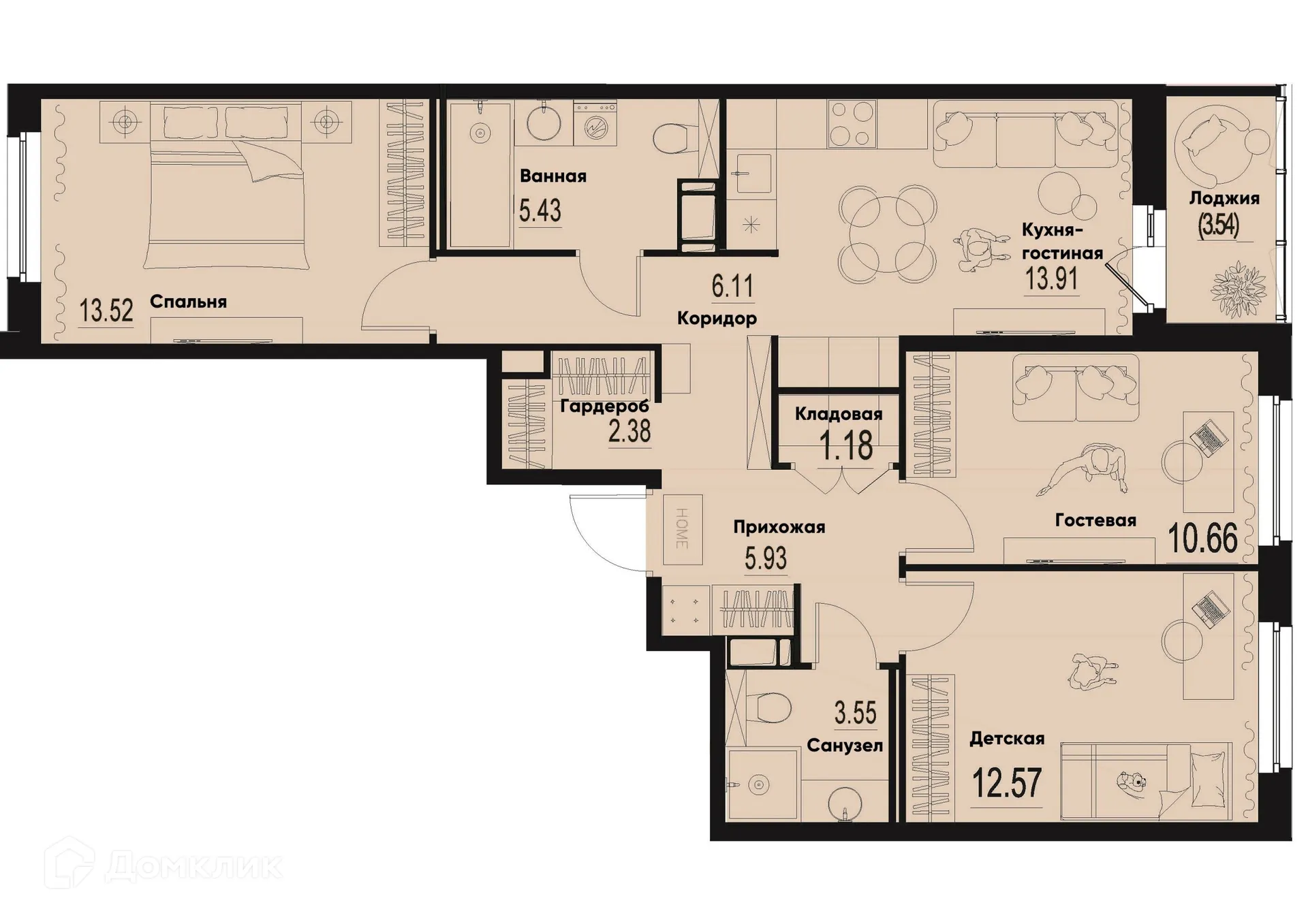 Планировка 3-комнатной квартиры 76.98 м² в ЖК ID Murino III (Ай ди Мурино III), г. Мурино — фото 1