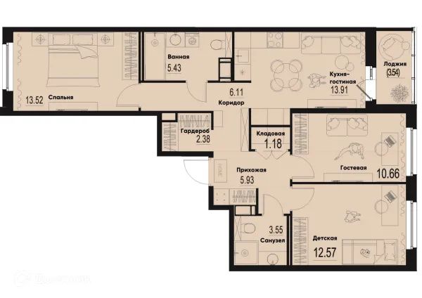 Планировка 3 комн. в ЖК ID Murino III (Ай ди Мурино III)