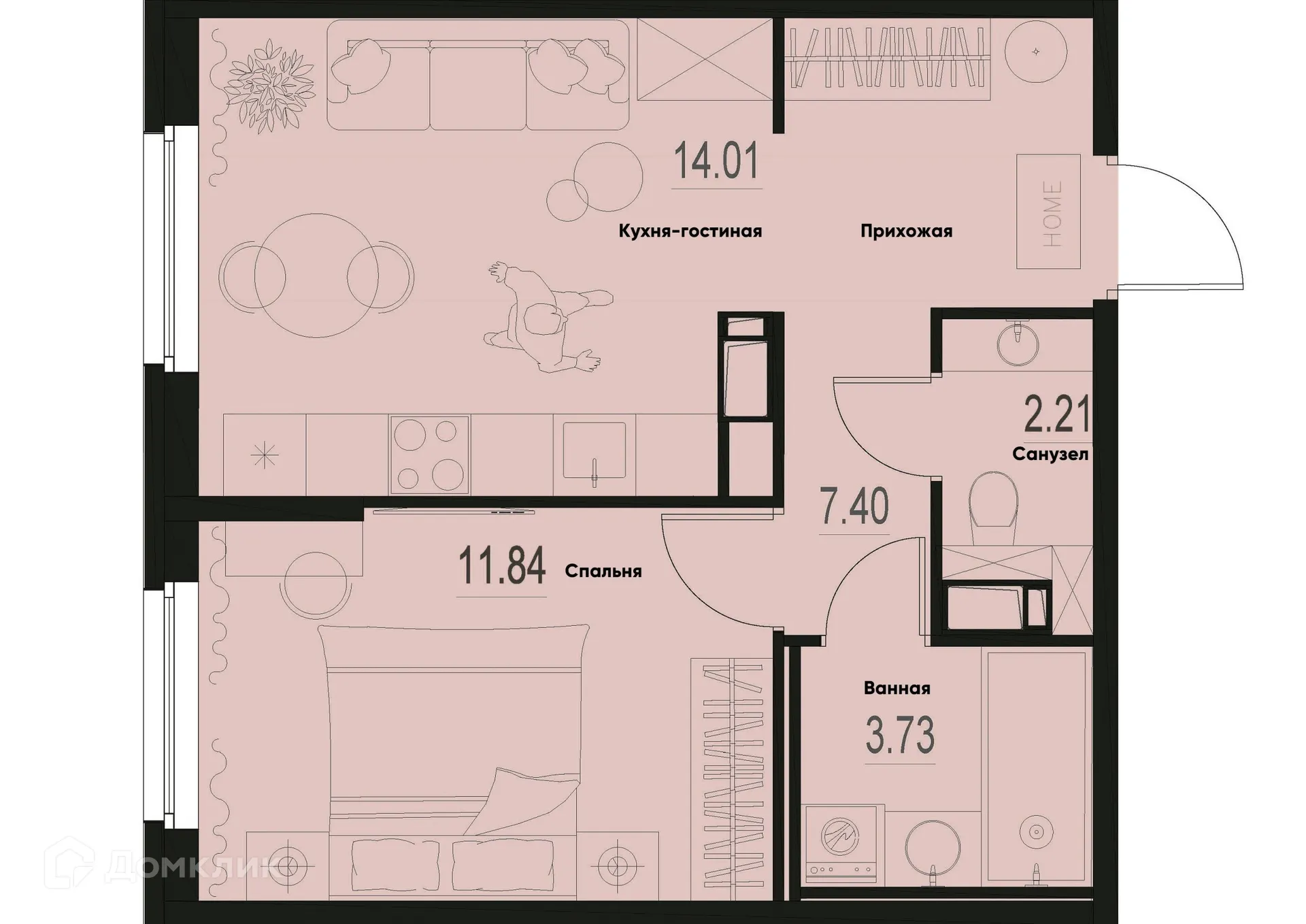 Планировка 1-комнатной квартиры 39.19 м² в ЖК ID Murino III (Ай ди Мурино III), г. Мурино — фото 1