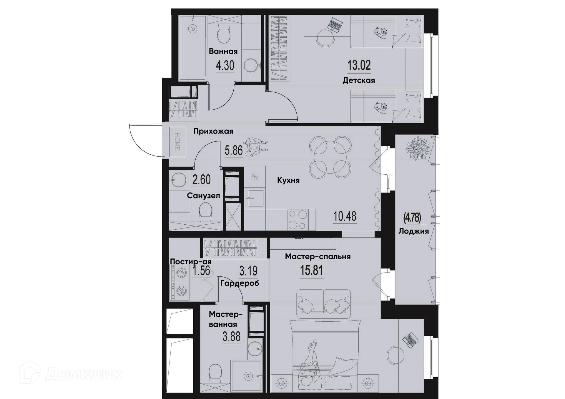 Планировка 2-комнатной квартиры 63.09 м² в ЖК ID Murino III (Ай ди Мурино III), г. Мурино — фото 1