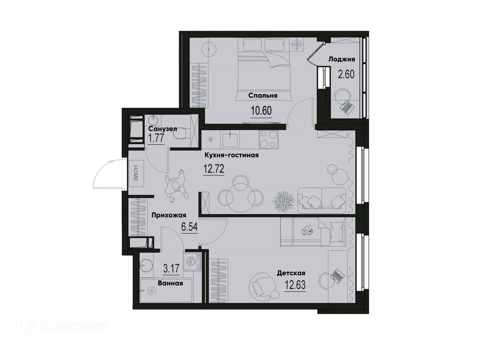 Планировка 2-комнатной квартиры 48.73 м² в ЖК ID Murino III (Ай ди Мурино III), г. Мурино — фото 1