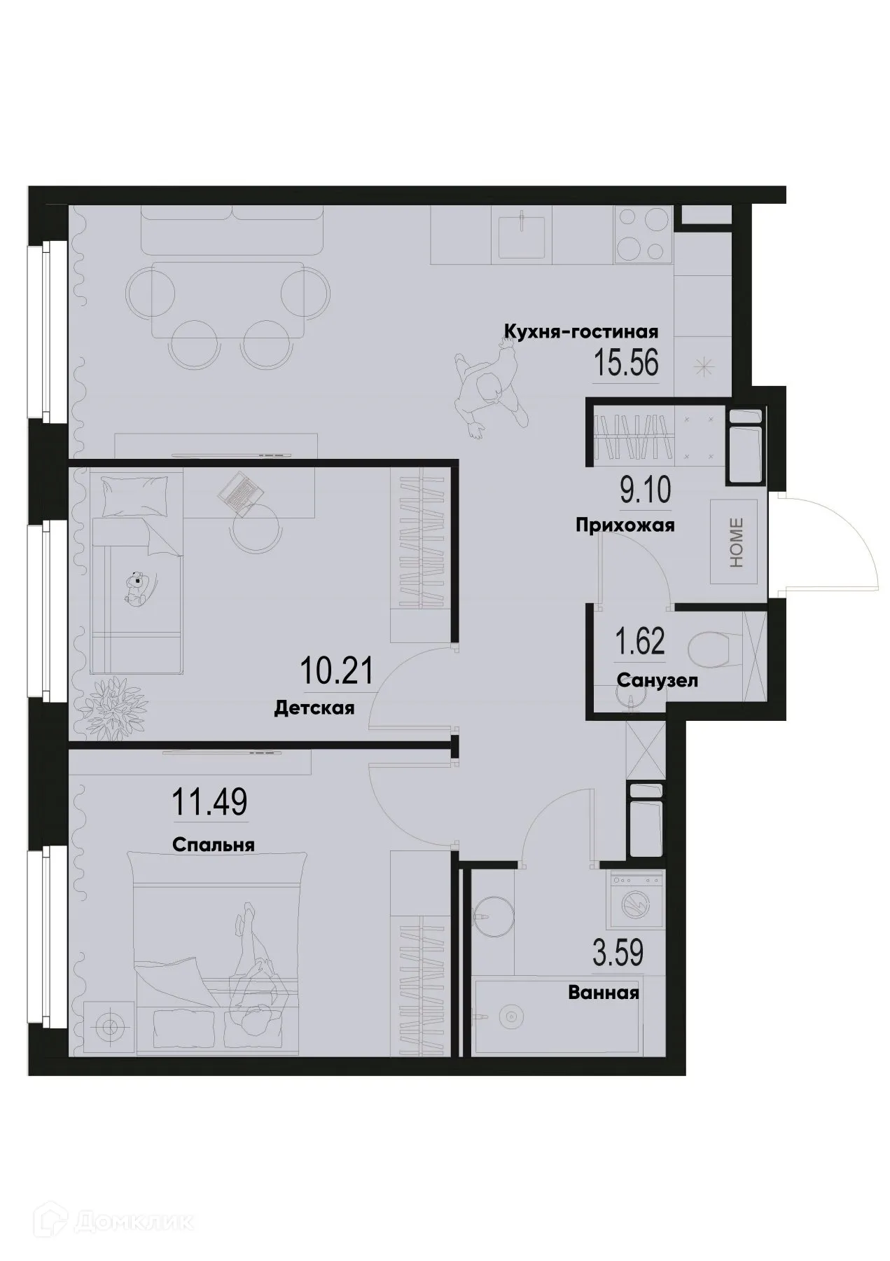 Планировка 2-комнатной квартиры 51.57 м² в ЖК ID Murino III (Ай ди Мурино III), г. Мурино — фото 1