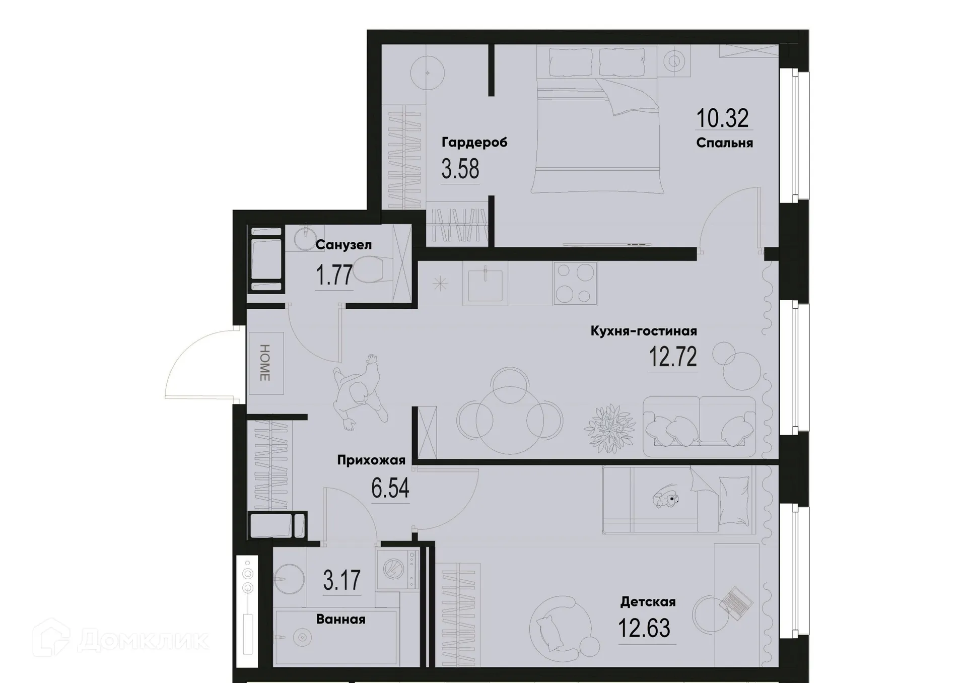 Планировка 2-комнатной квартиры 50.73 м² в ЖК ID Murino III (Ай ди Мурино III), г. Мурино — фото 1
