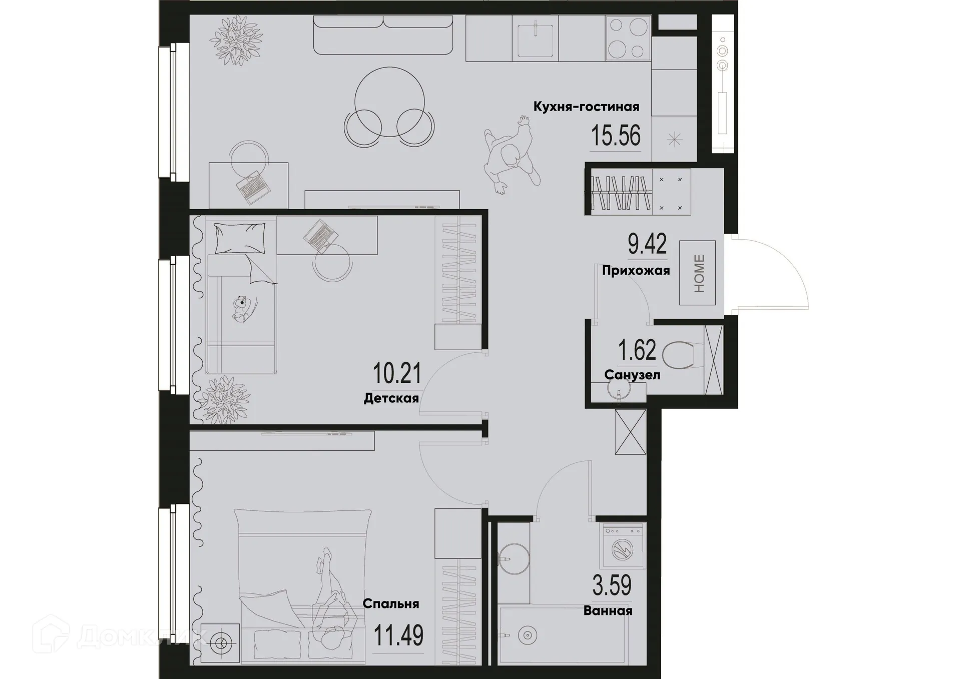 Планировка 2-комнатной квартиры 51.89 м² в ЖК ID Murino III (Ай ди Мурино III), г. Мурино — фото 1