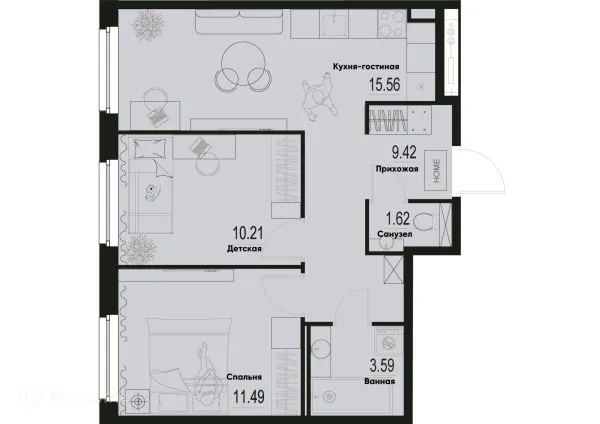 Планировка 2 комн. в ЖК ID Murino III (Ай ди Мурино III)