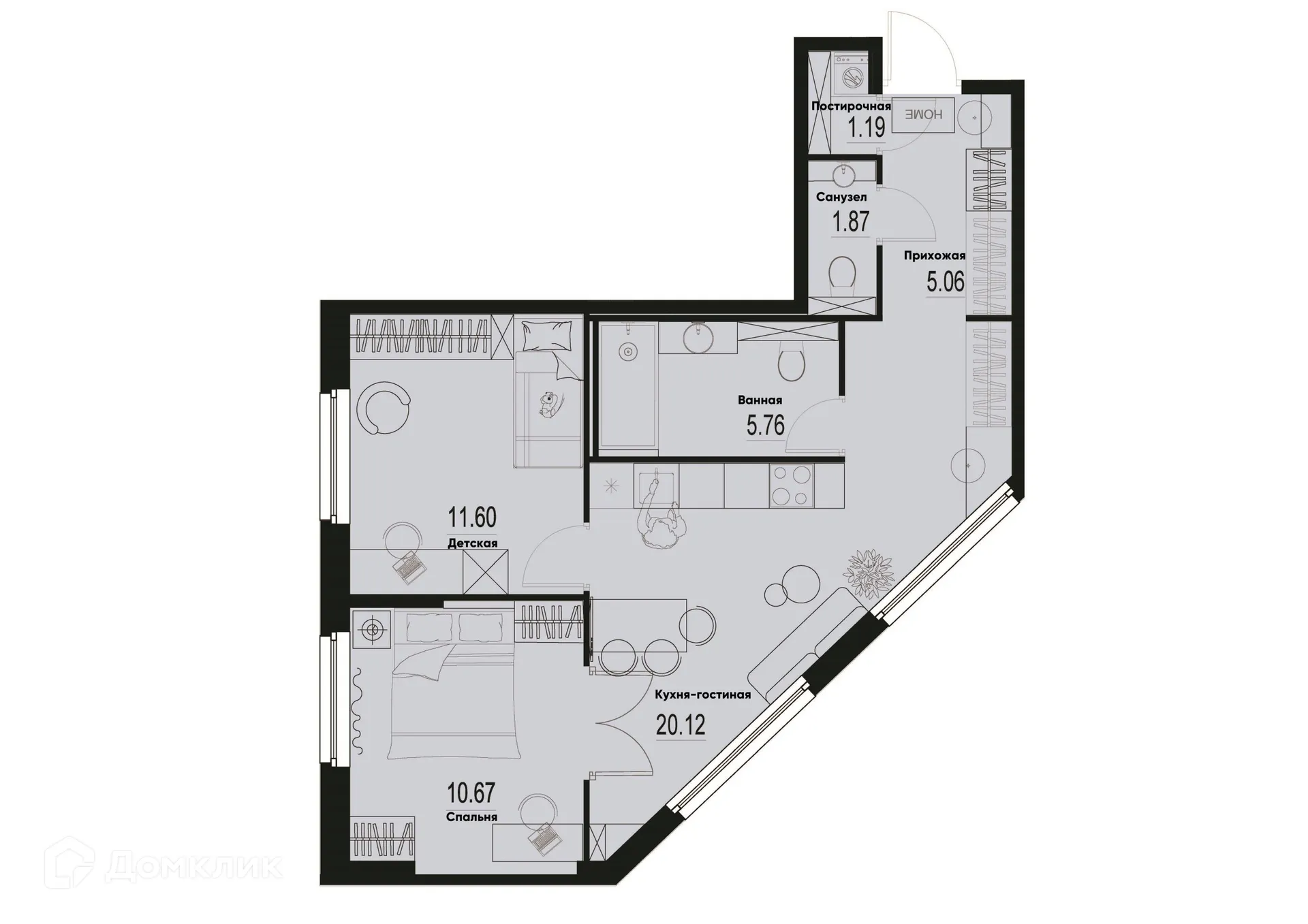 Планировка 2-комнатной квартиры 56.27 м² в ЖК ID Murino III (Ай ди Мурино III), г. Мурино — фото 1