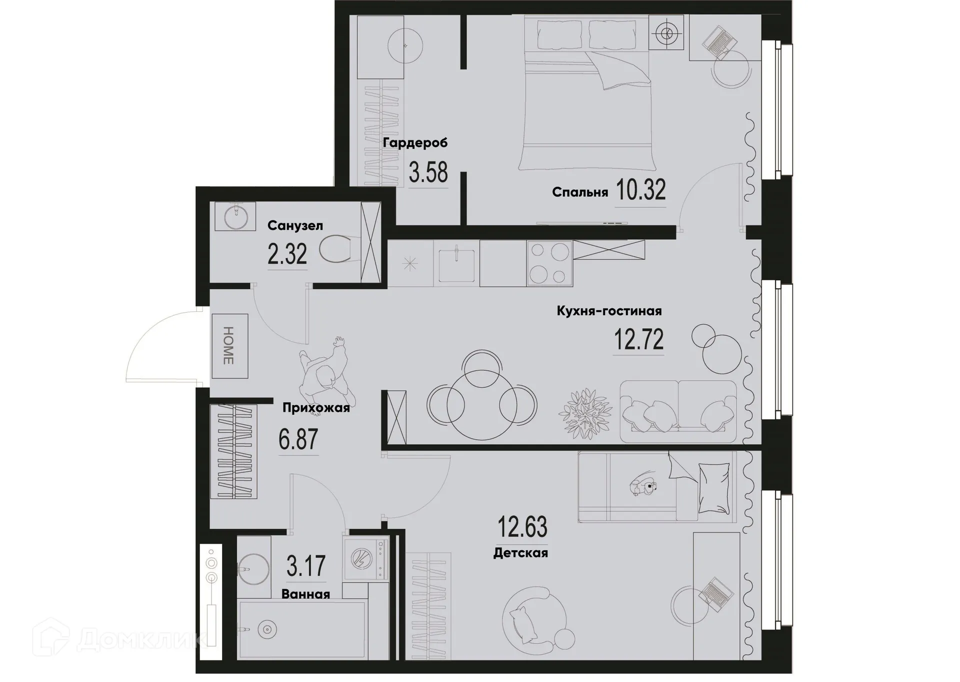 Планировка 2-комнатной квартиры 51.61 м² в ЖК ID Murino III (Ай ди Мурино III), г. Мурино — фото 1