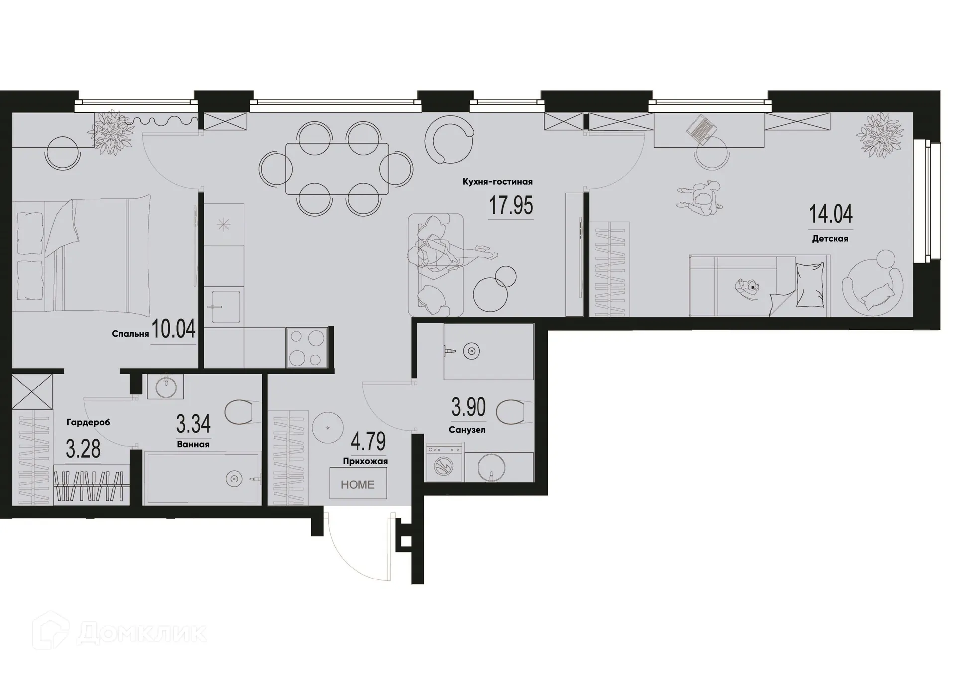 Планировка 2-комнатной квартиры 57.34 м² в ЖК ID Murino III (Ай ди Мурино III), г. Мурино — фото 1