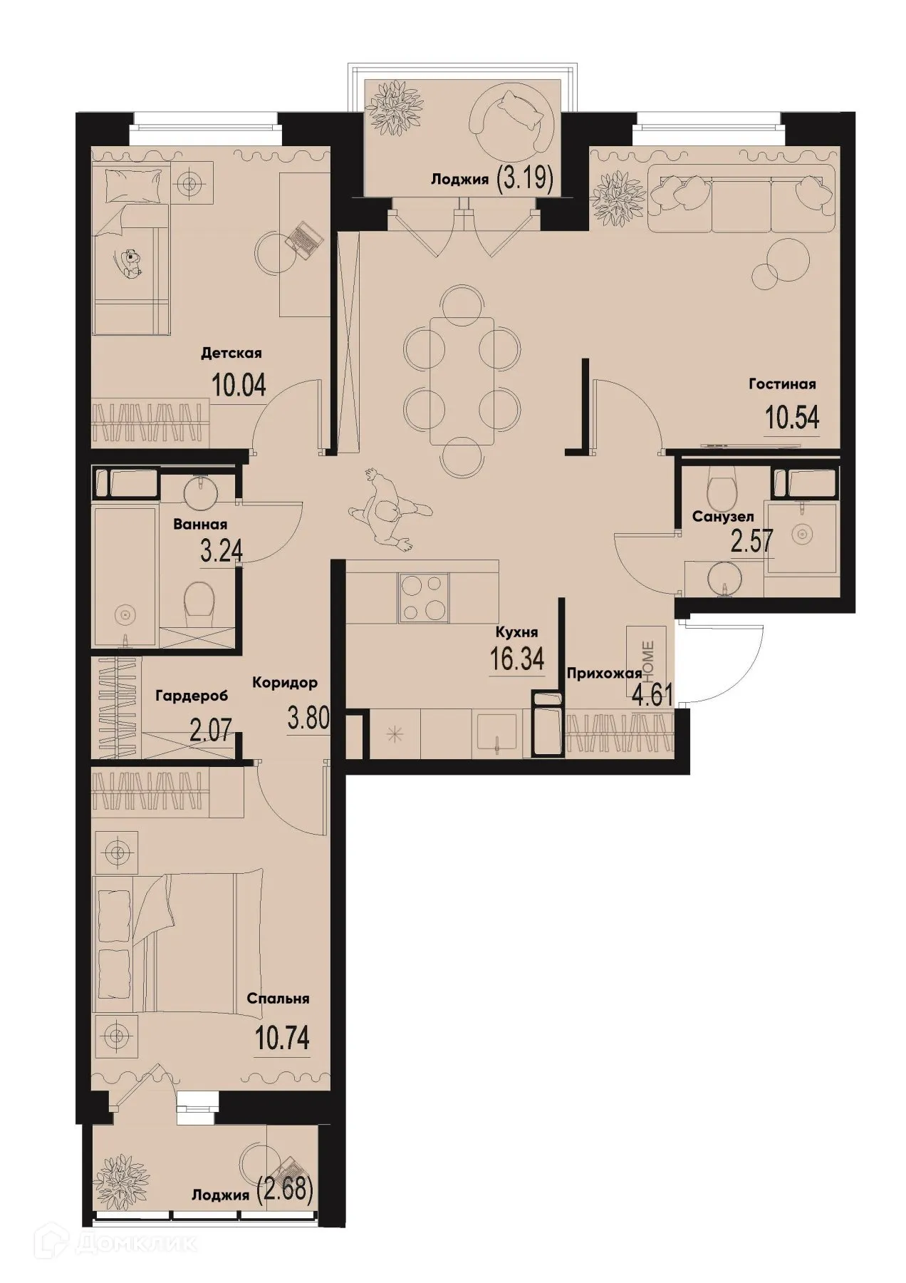 Планировка 3-комнатной квартиры 66.88 м² в ЖК ID Murino III (Ай ди Мурино III), г. Мурино — фото 1