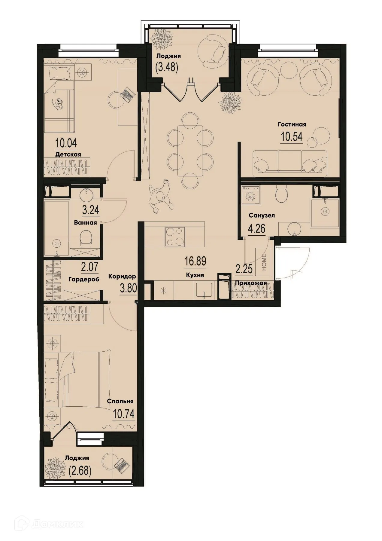Планировка 3-комнатной квартиры 66.91 м² в ЖК ID Murino III (Ай ди Мурино III), г. Мурино — фото 1