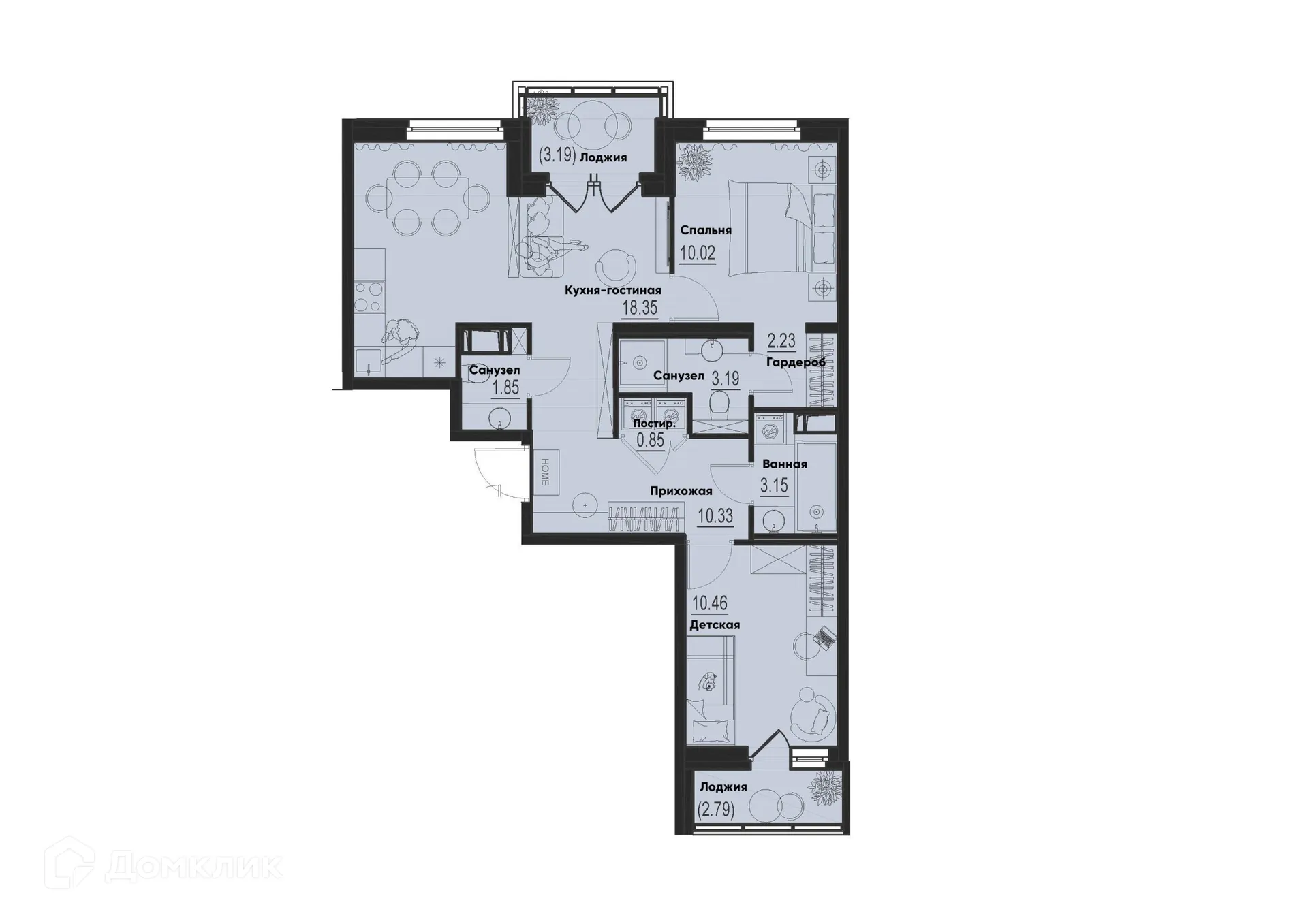 Планировка 2-комнатной квартиры 63.41 м² в ЖК ID Murino III (Ай ди Мурино III), г. Мурино — фото 1