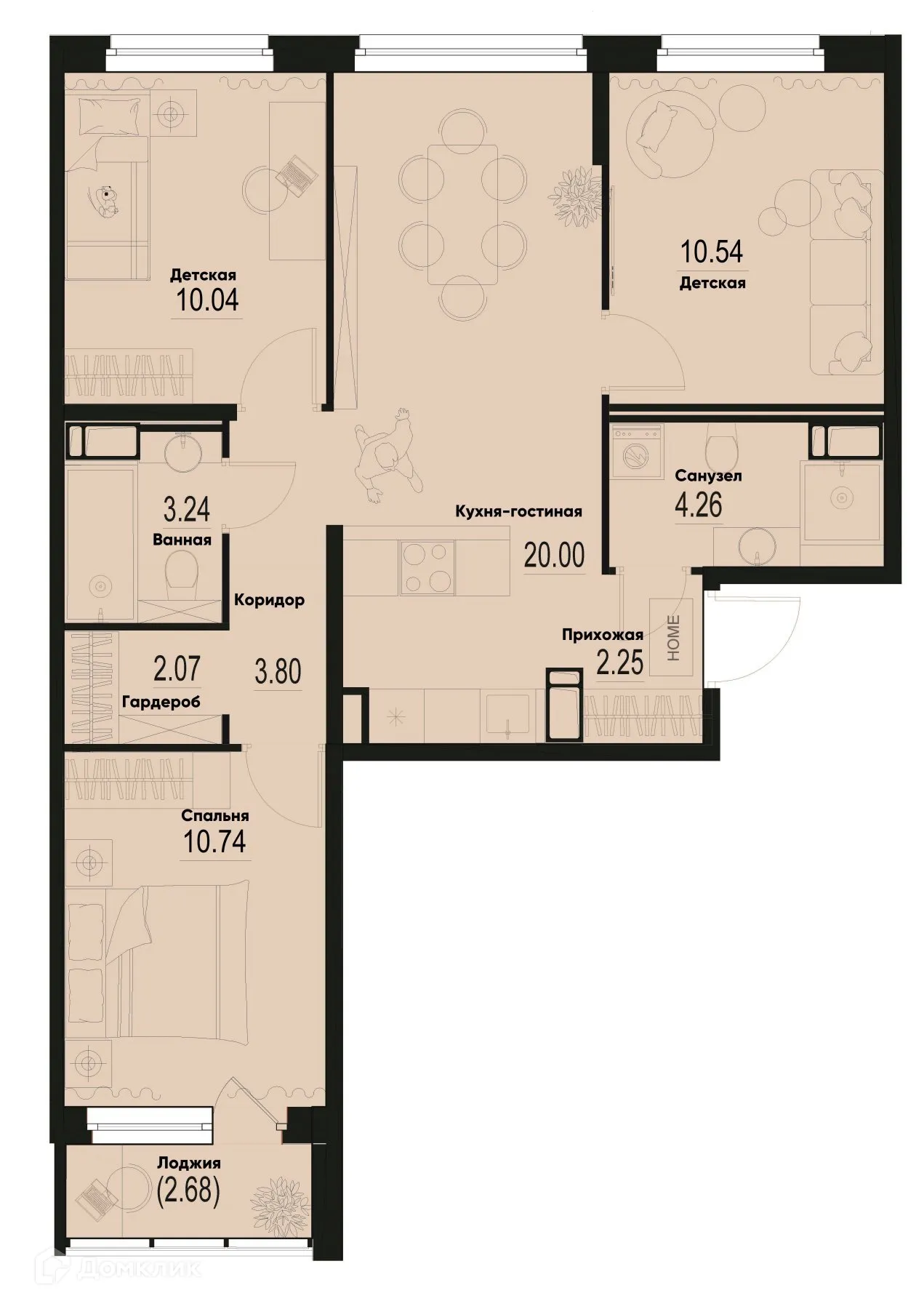 Планировка 3-комнатной квартиры 68.28 м² в ЖК ID Murino III (Ай ди Мурино III), г. Мурино — фото 1