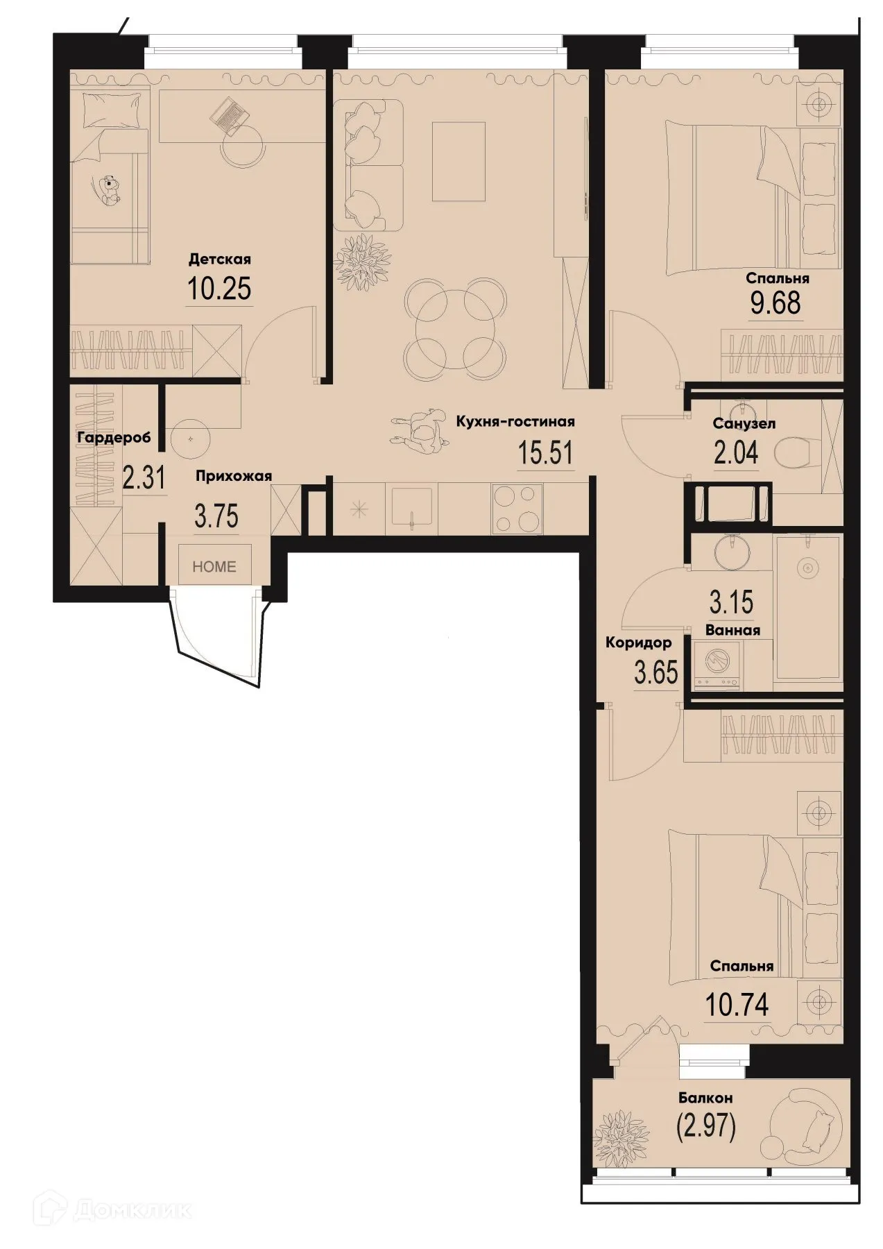 Планировка 3-комнатной квартиры 61.97 м² в ЖК ID Murino III (Ай ди Мурино III), г. Мурино — фото 1