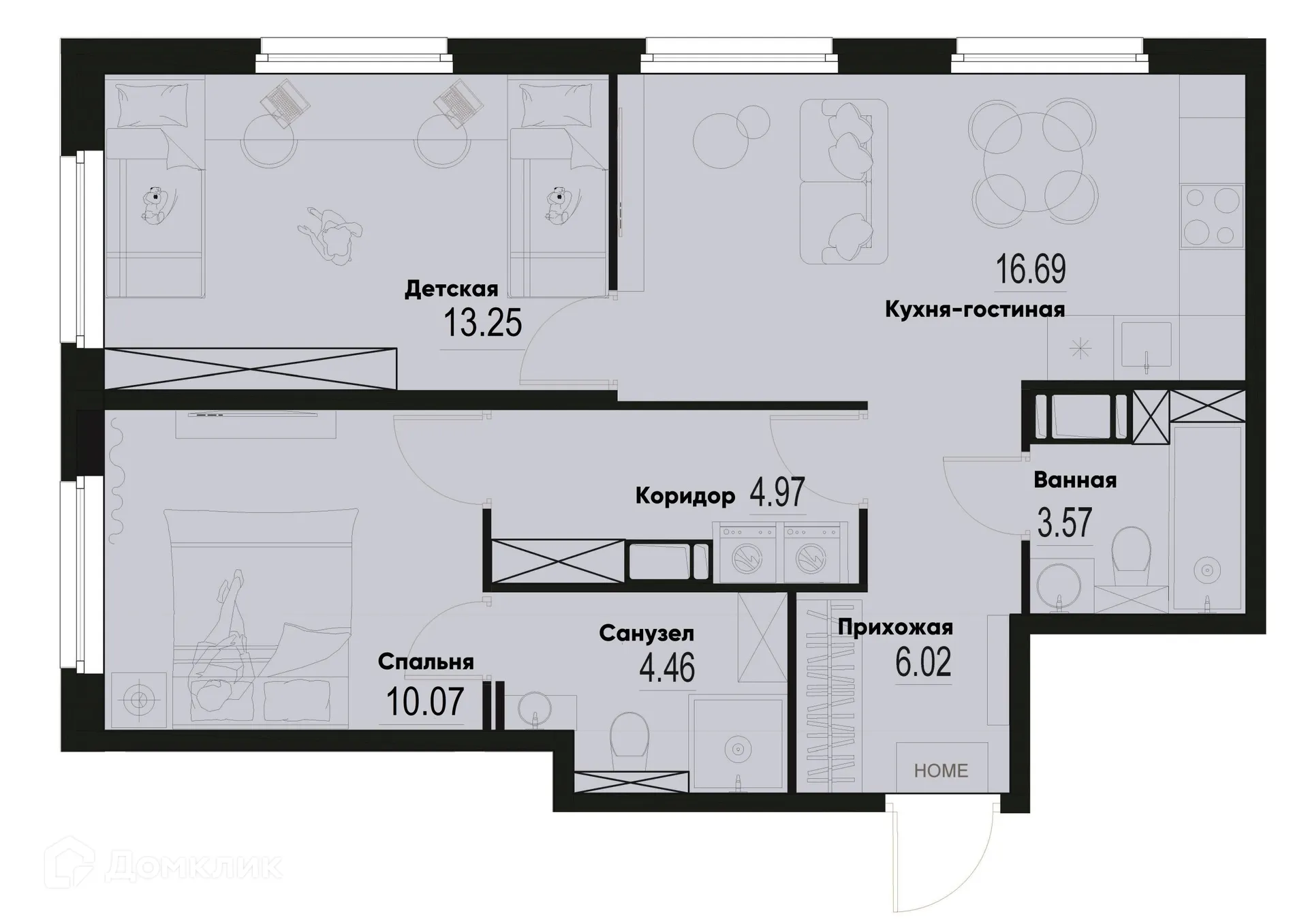 Планировка 2-комнатной квартиры 59.03 м² в ЖК ID Murino III (Ай ди Мурино III), г. Мурино — фото 1
