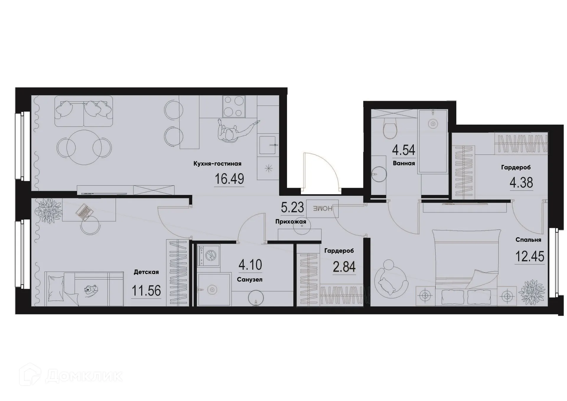 Планировка 2-комнатной квартиры 61.59 м² в ЖК ID Murino III (Ай ди Мурино III), г. Мурино — фото 1