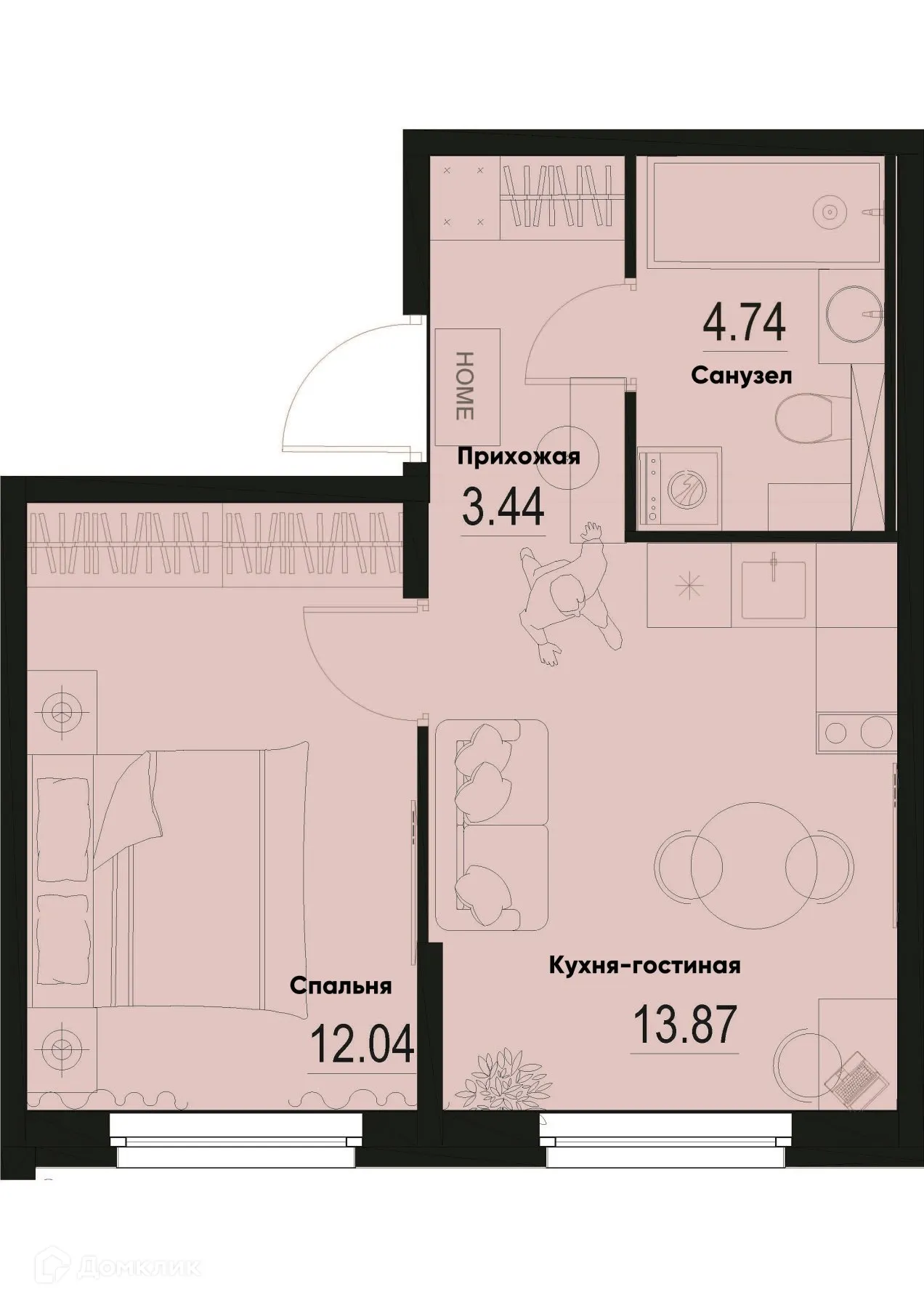 Планировка 1-комнатной квартиры 34.09 м² в ЖК ID Murino III (Ай ди Мурино III), г. Мурино — фото 1