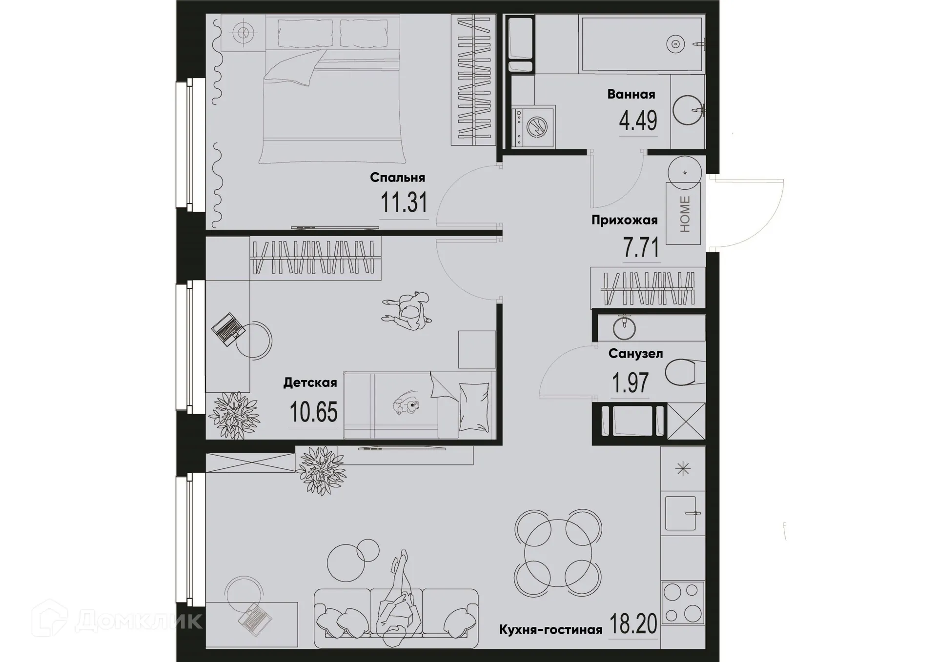 Планировка 2-комнатной квартиры 54.33 м² в ЖК ID Murino III (Ай ди Мурино III), г. Мурино — фото 1