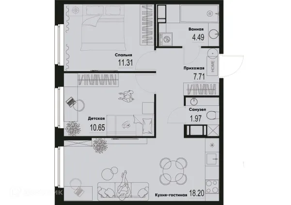 Планировка 2 комн. в ЖК ID Murino III (Ай ди Мурино III)