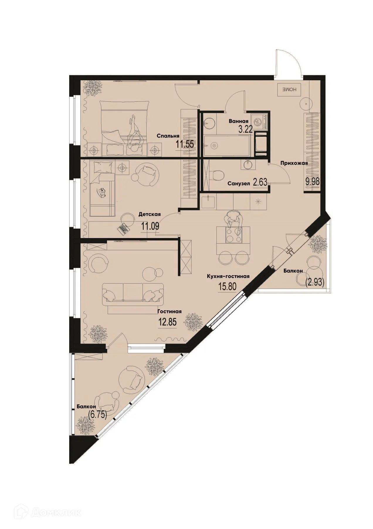 Планировка 3-комнатной квартиры 70.02 м² в ЖК ID Murino III (Ай ди Мурино III), г. Мурино — фото 1