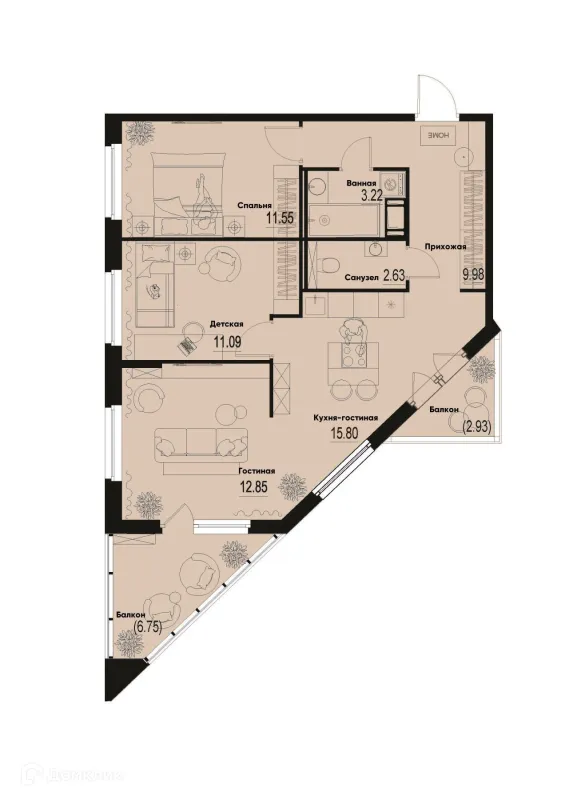 Планировка 3 комн. в ЖК ID Murino III (Ай ди Мурино III)