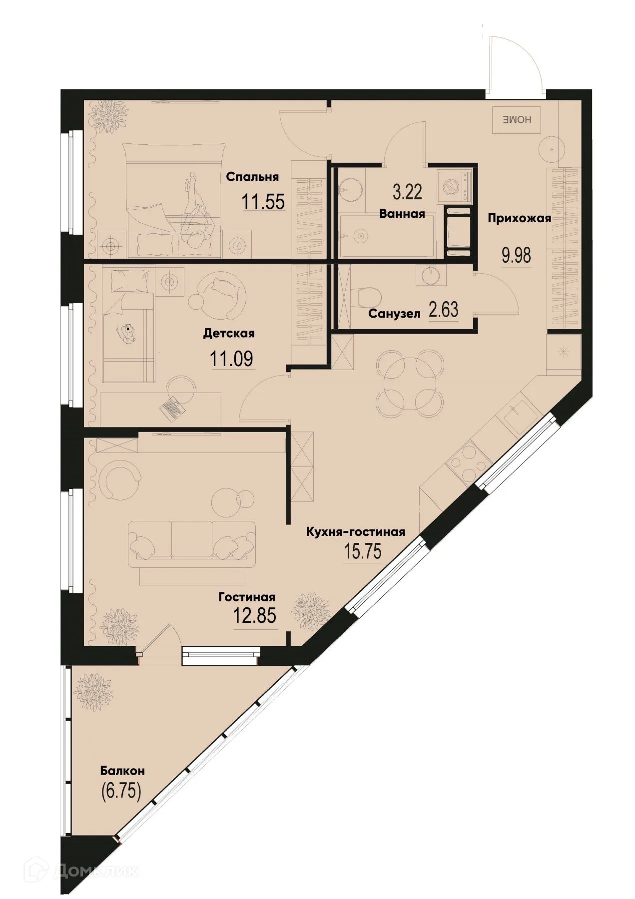 Планировка 3-комнатной квартиры 69.09 м² в ЖК ID Murino III (Ай ди Мурино III), г. Мурино — фото 1