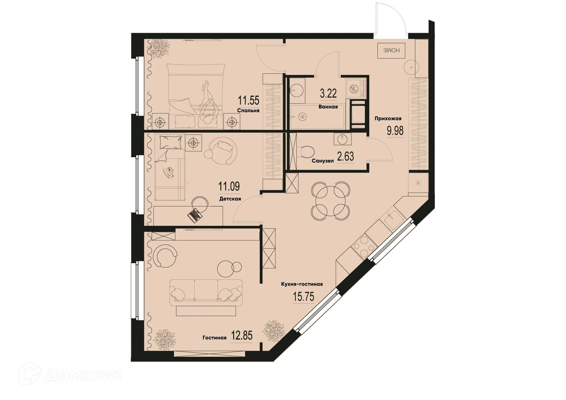 Планировка 3-комнатной квартиры 67.07 м² в ЖК ID Murino III (Ай ди Мурино III), г. Мурино — фото 1