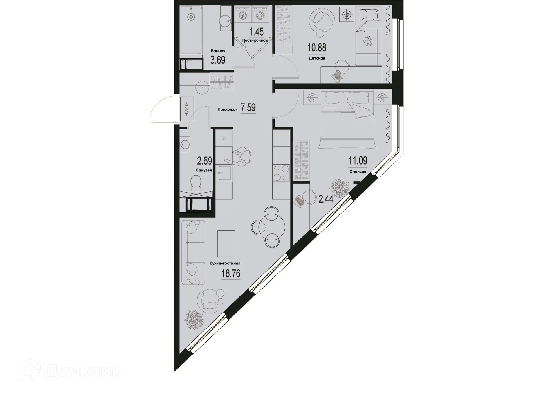 Планировка 2-комнатной квартиры 58.59 м² в ЖК ID Murino III (Ай ди Мурино III), г. Мурино — фото 1
