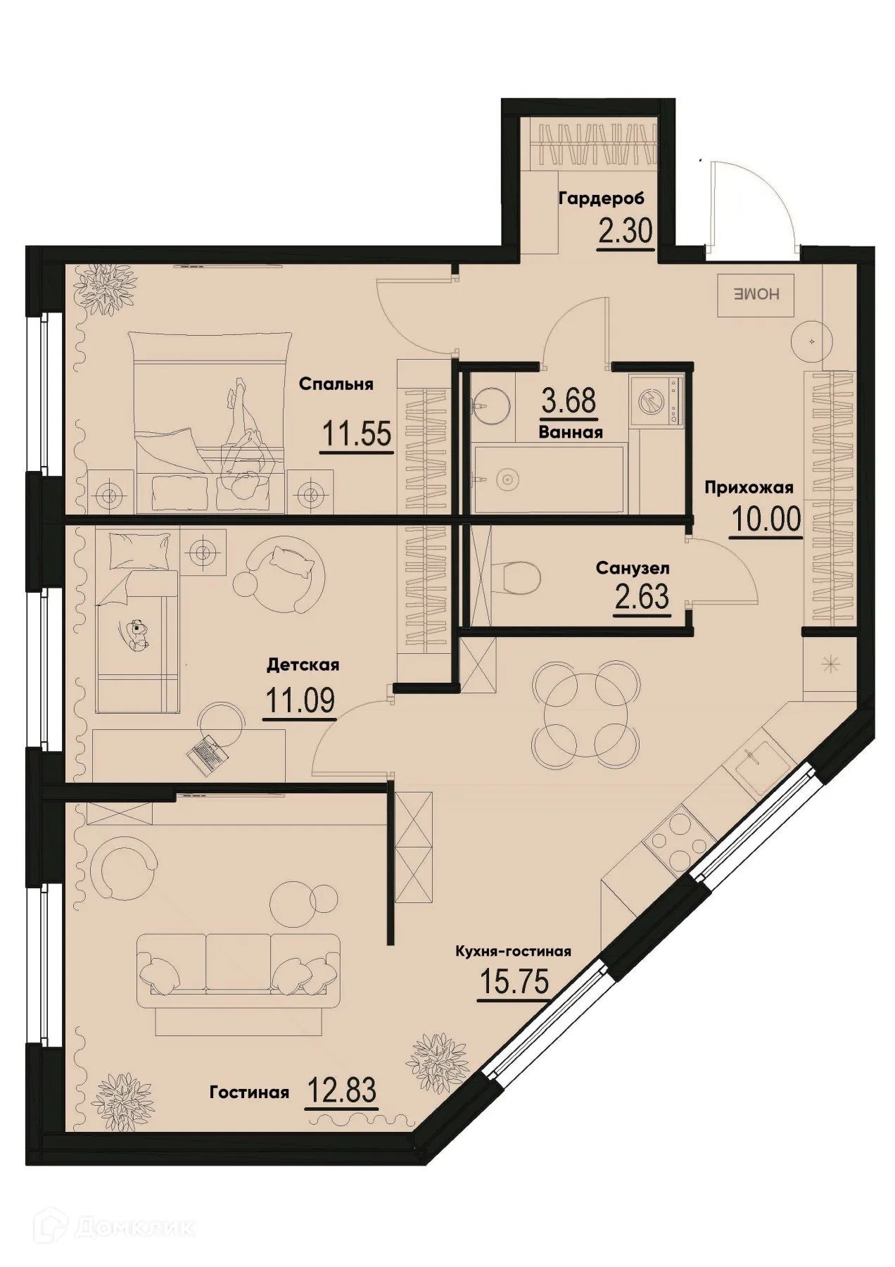 Планировка 3-комнатной квартиры 69.83 м² в ЖК ID Murino III (Ай ди Мурино III), г. Мурино — фото 1