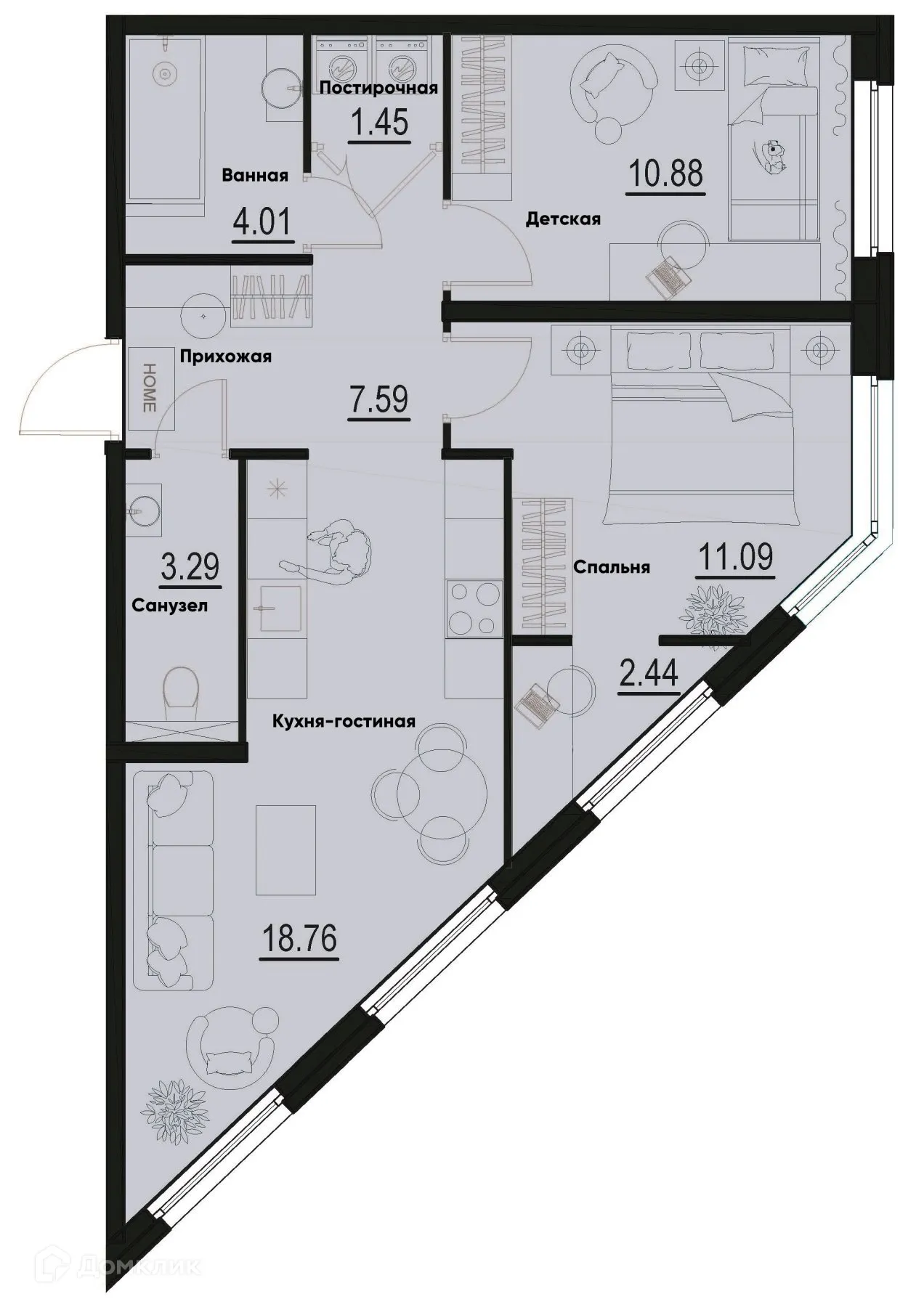 Планировка 2-комнатной квартиры 59.51 м² в ЖК ID Murino III (Ай ди Мурино III), г. Мурино — фото 1