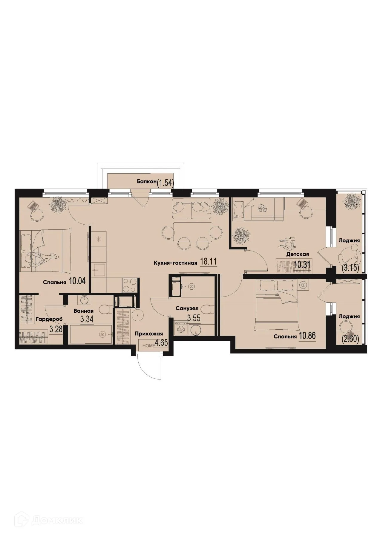 Планировка 3-комнатной квартиры 67.48 м² в ЖК ID Murino III (Ай ди Мурино III), г. Мурино — фото 1