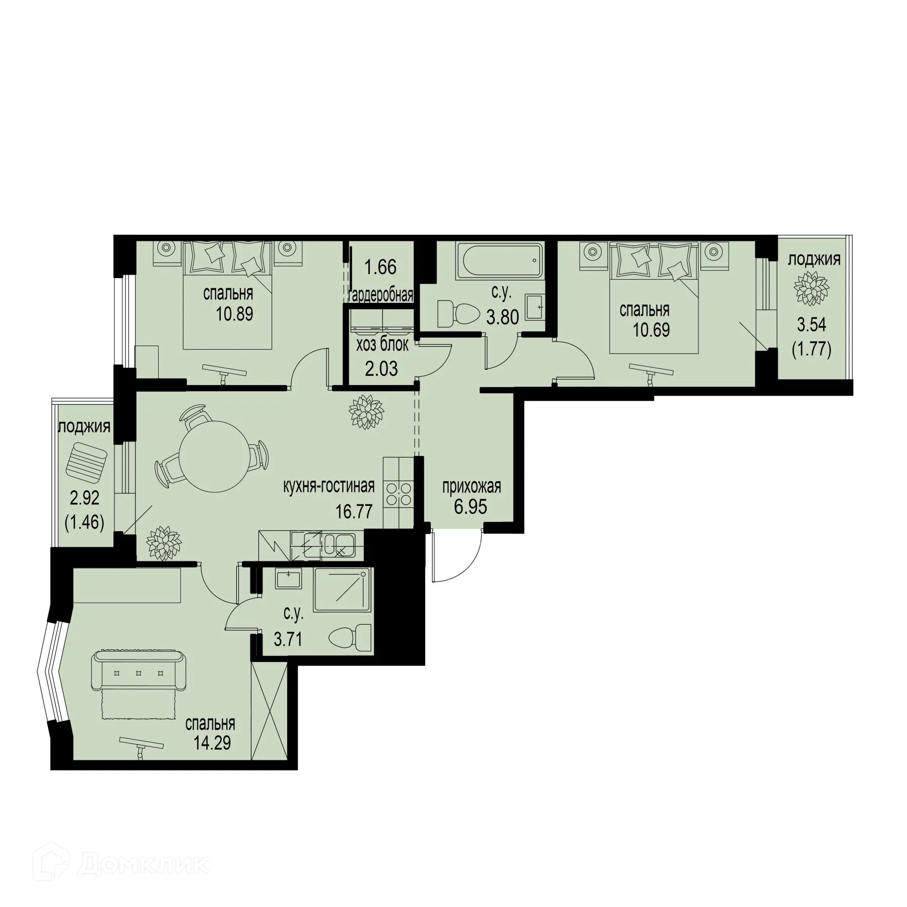 Планировка 3-комнатной квартиры 74.02 м² в ЖК ID Murino III (Ай ди Мурино III), г. Мурино — фото 1