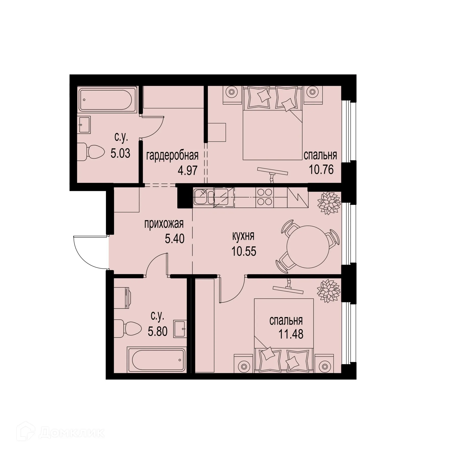 Планировка 2-комнатной квартиры 53.99 м² в ЖК ID Murino III (Ай ди Мурино III), г. Мурино — фото 1