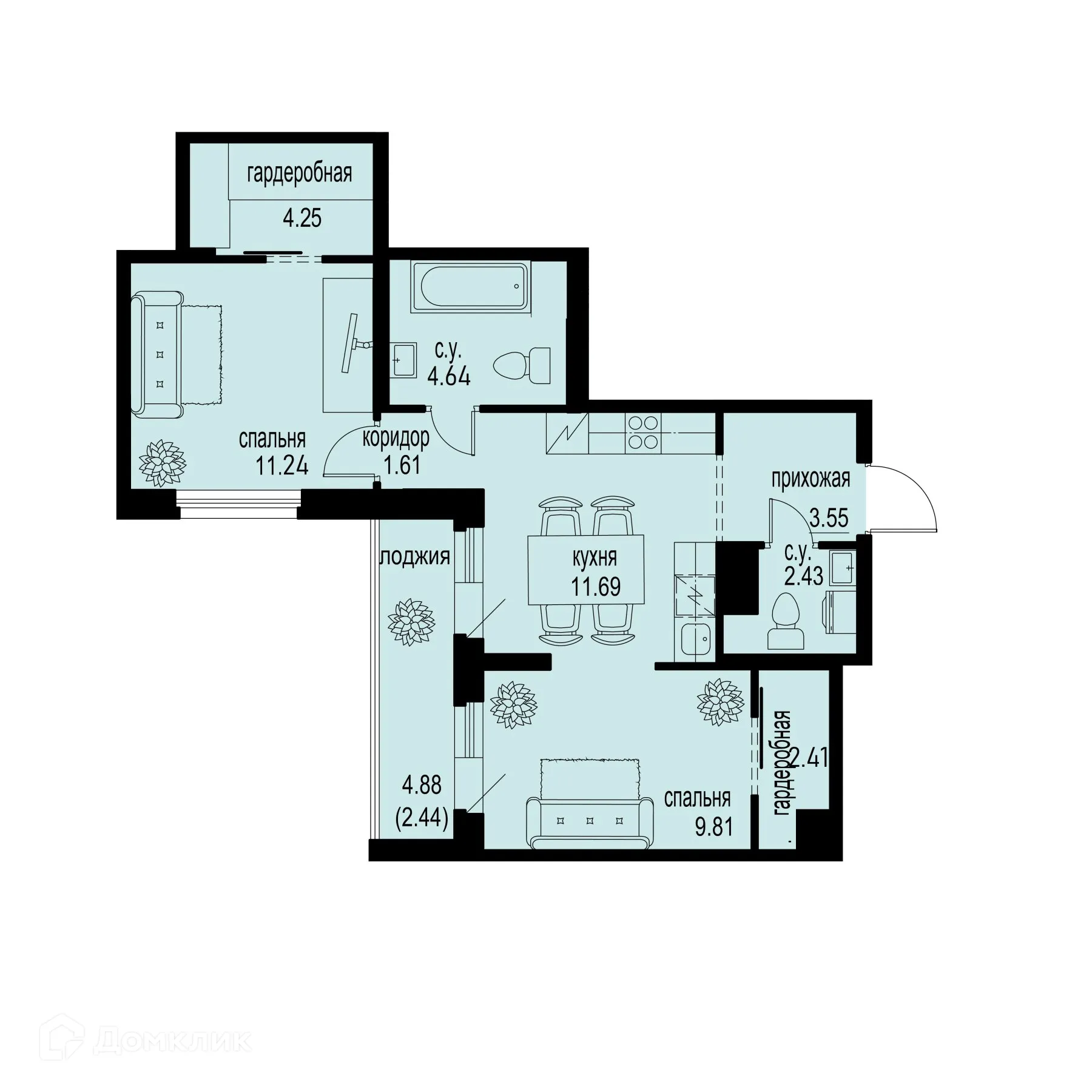 Планировка 2-комнатной квартиры 54.07 м² в ЖК ID Murino III (Ай ди Мурино III), г. Мурино — фото 1