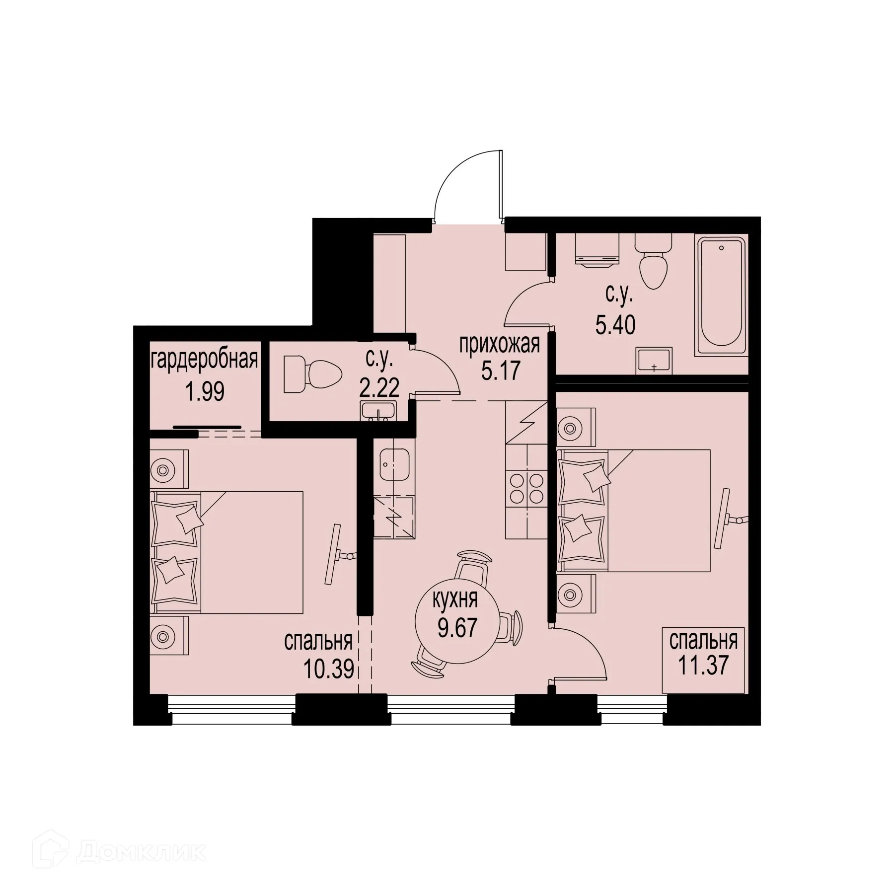 Планировка 2-комнатной квартиры 46.21 м² в ЖК ID Murino III (Ай ди Мурино III), г. Мурино — фото 1