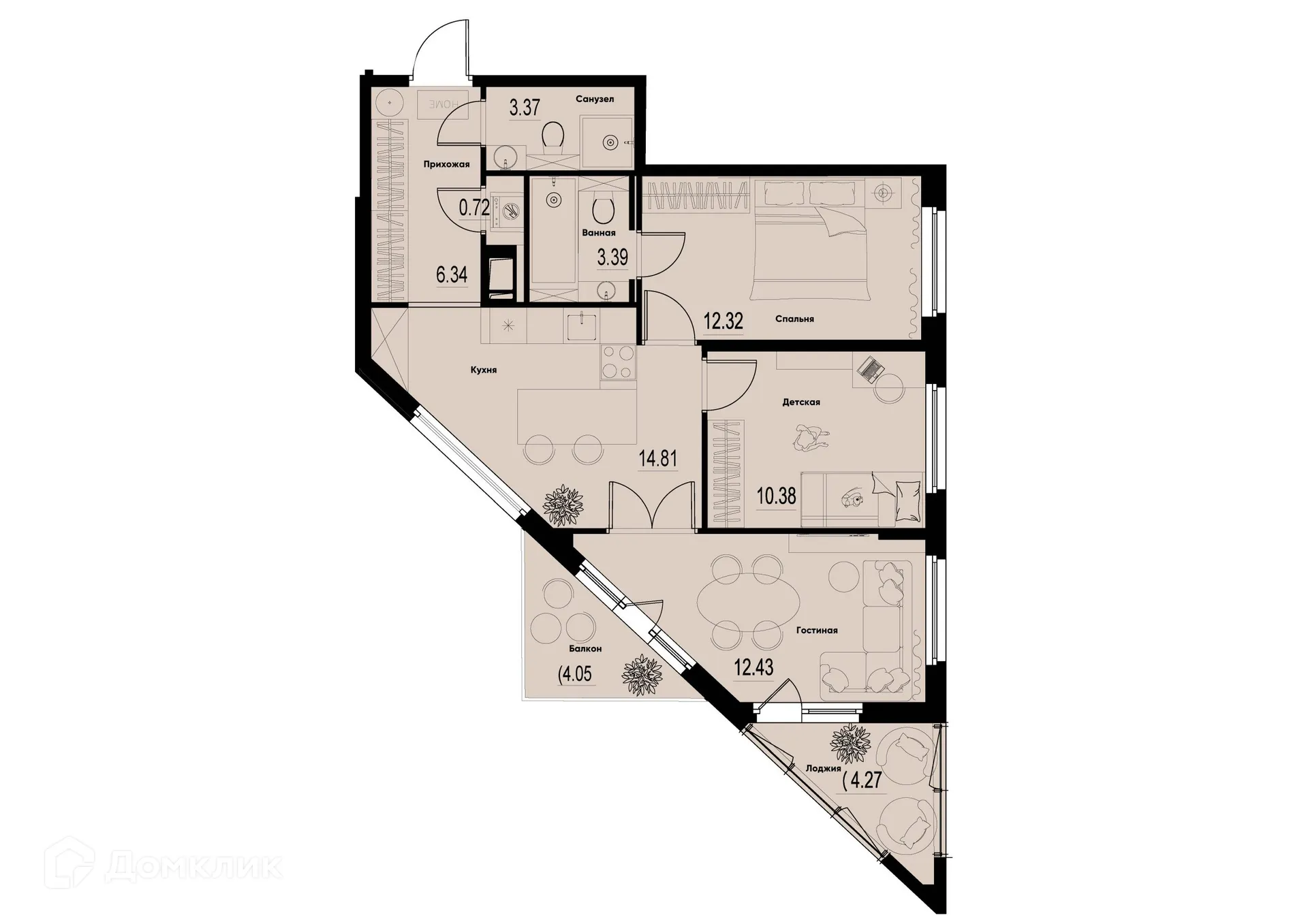 Планировка 3-комнатной квартиры 66.25 м² в ЖК ID Murino III (Ай ди Мурино III), г. Мурино — фото 1