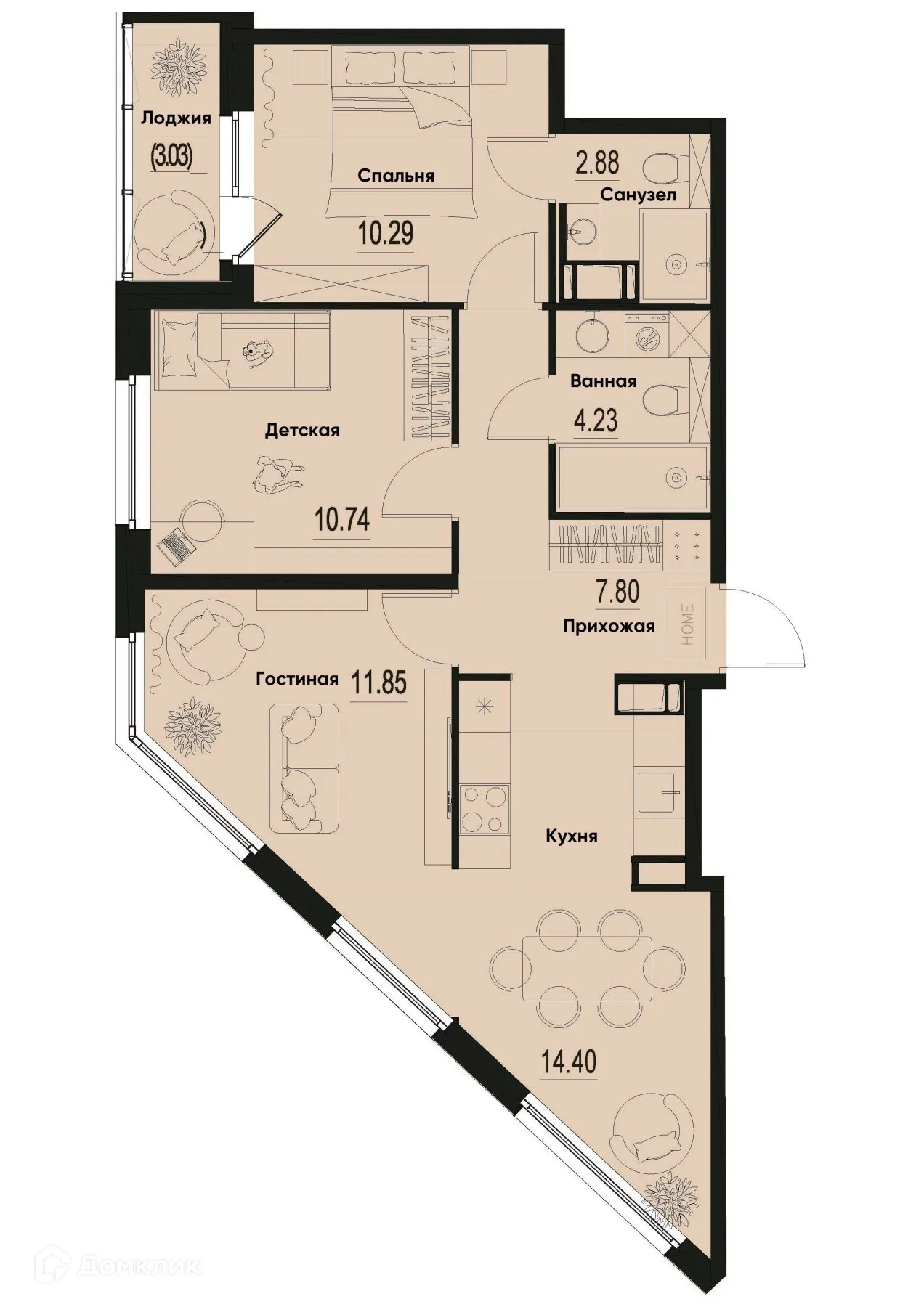 Планировка 3-комнатной квартиры 63.72 м² в ЖК ID Murino III (Ай ди Мурино III), г. Мурино — фото 1