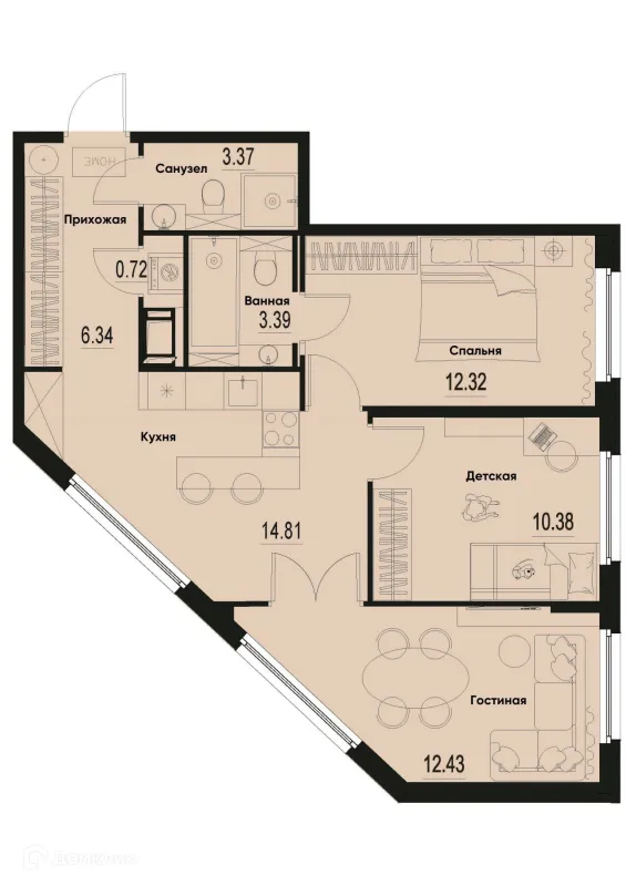 Планировка 3 комн. в ЖК ID Murino III (Ай ди Мурино III)