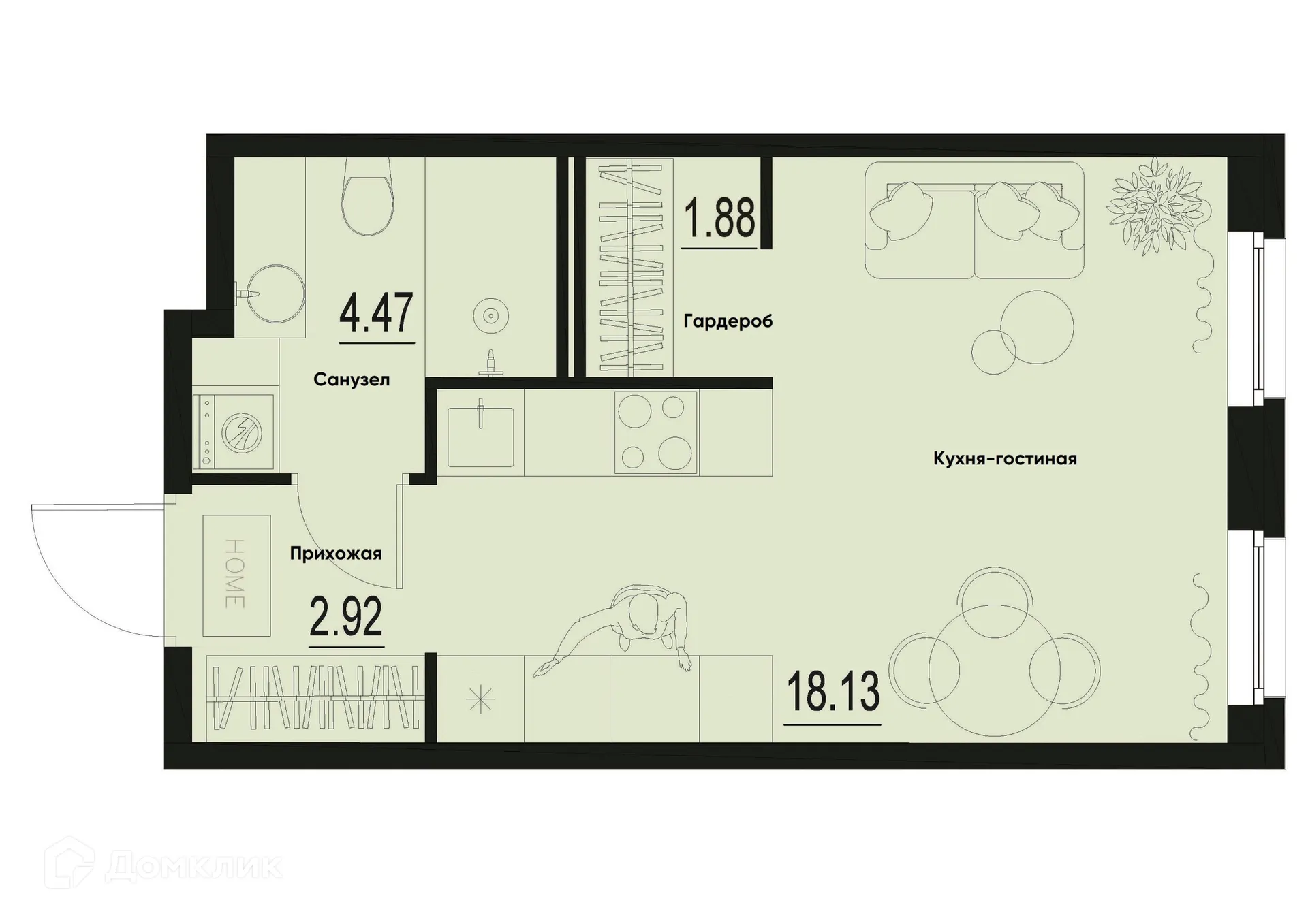Планировка студии квартиры 27.4 м² в ЖК ID Murino III (Ай ди Мурино III), г. Мурино — фото 1
