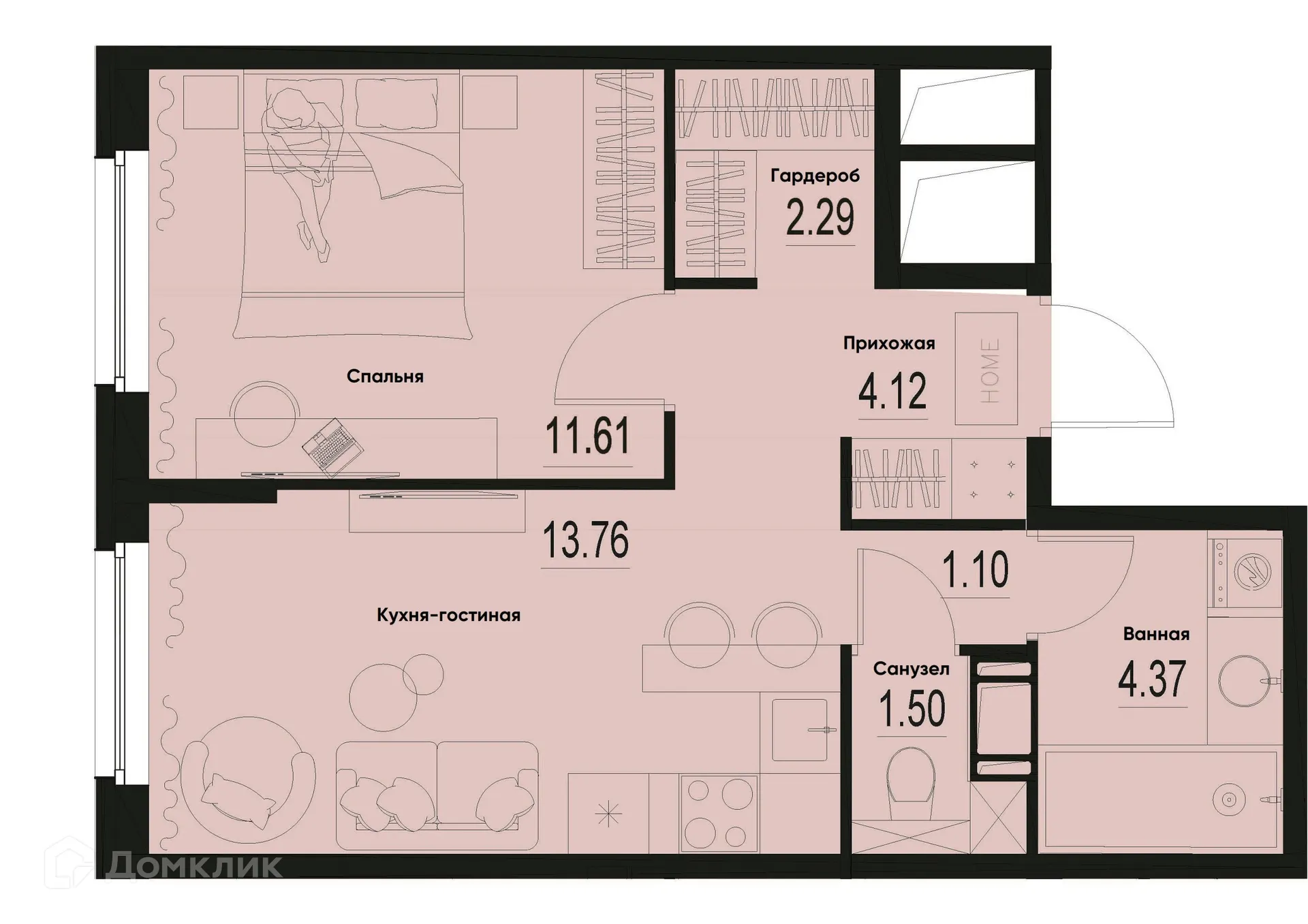 Планировка 1-комнатной квартиры 38.75 м² в ЖК ID Murino III (Ай ди Мурино III), г. Мурино — фото 1