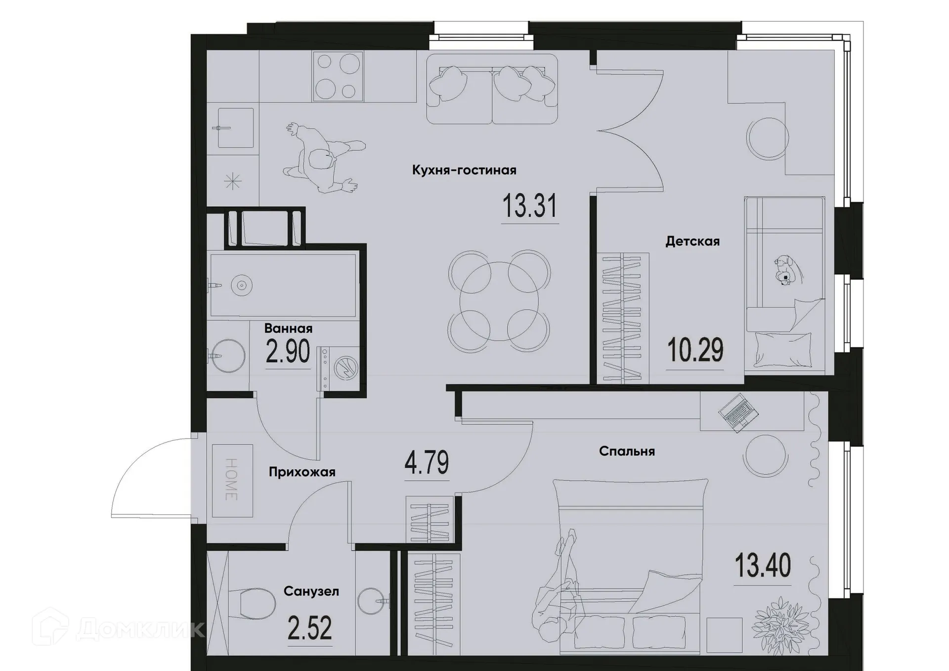 Планировка 2-комнатной квартиры 47.21 м² в ЖК ID Murino III (Ай ди Мурино III), г. Мурино — фото 1