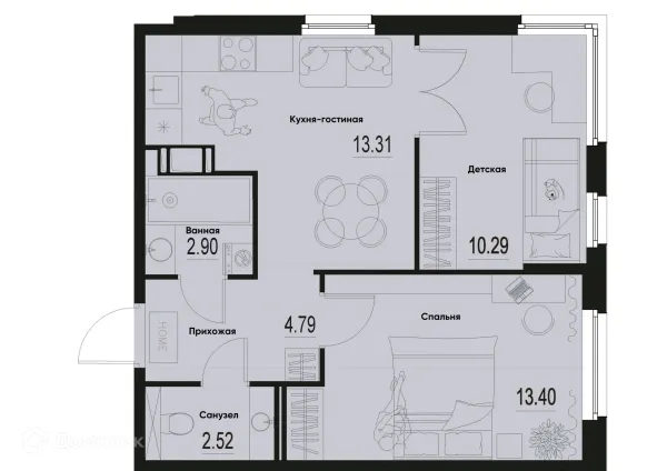 Планировка 2 комн. в ЖК ID Murino III (Ай ди Мурино III)