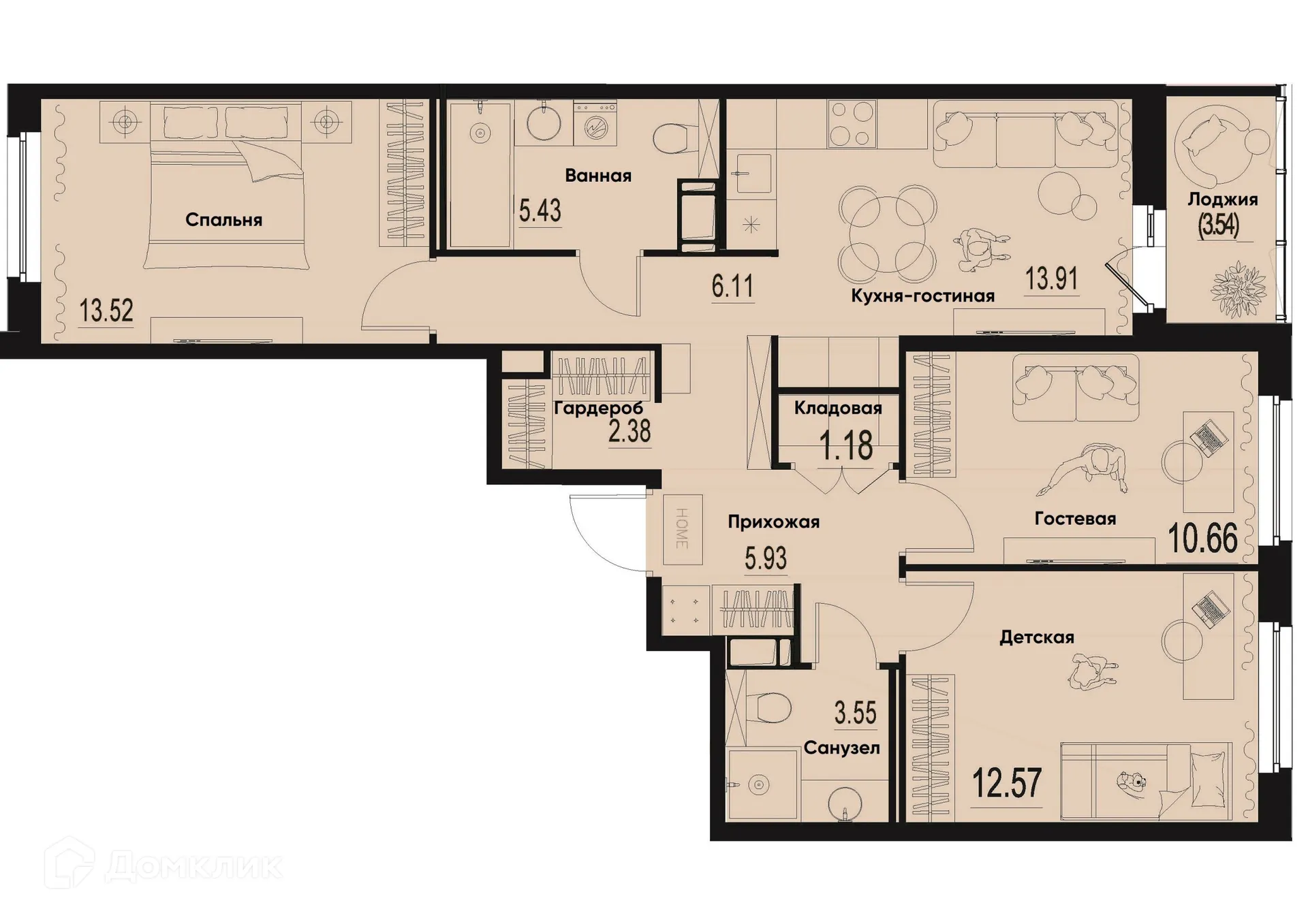 Планировка 3-комнатной квартиры 77.01 м² в ЖК ID Murino III (Ай ди Мурино III), г. Мурино — фото 1